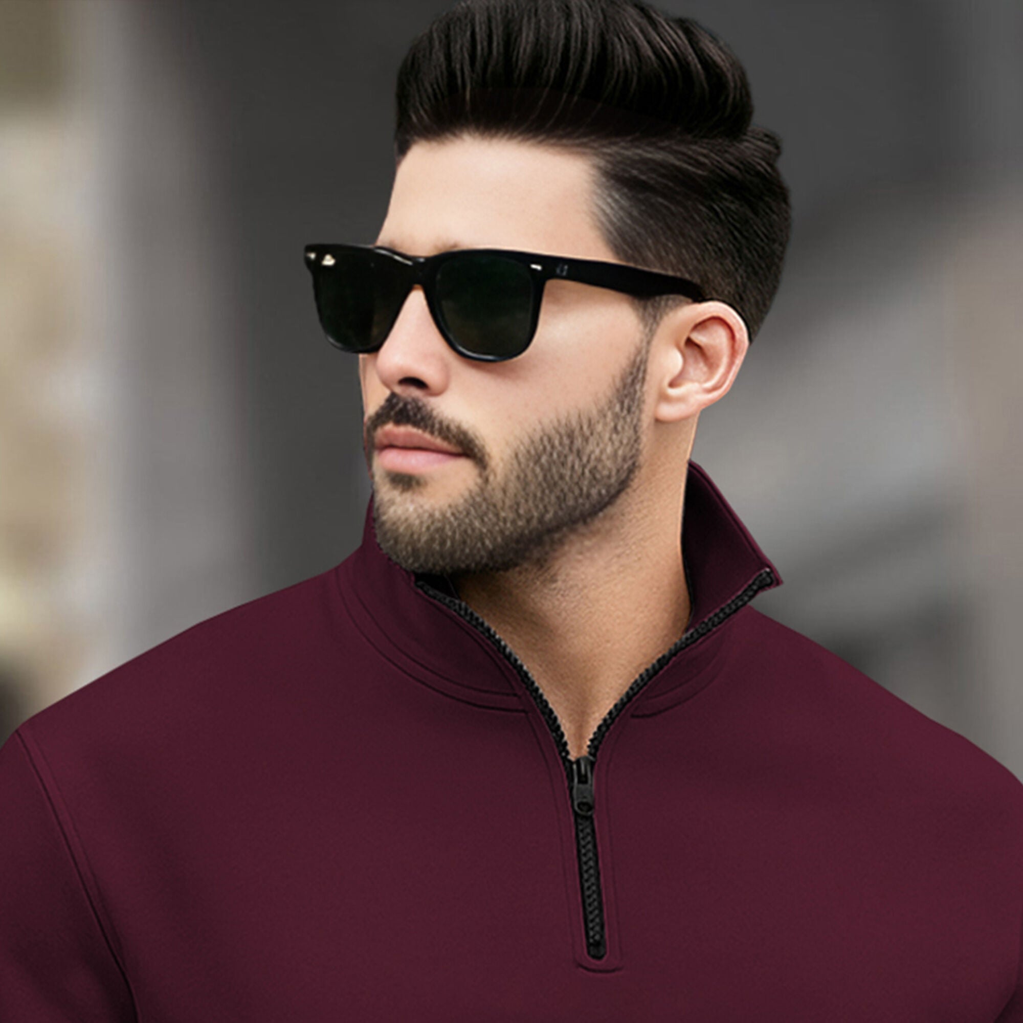 Men Plain Zipper High Neck Casual Sweatshirt / Maroon