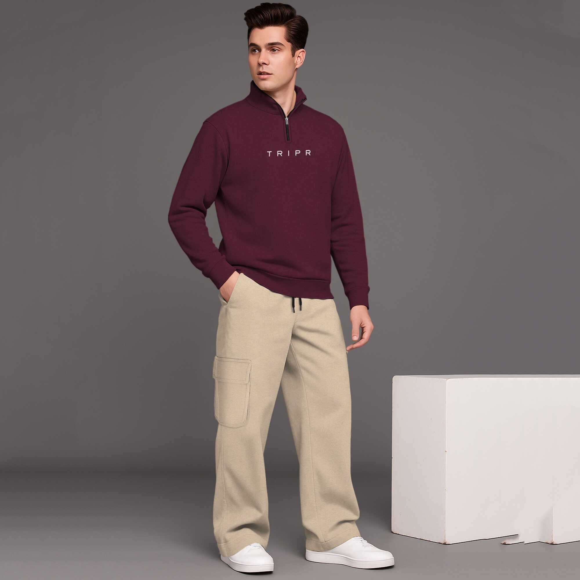 Maroon High Neck Plain Sweatshirt With Beige baggy Cargo Tracksuit