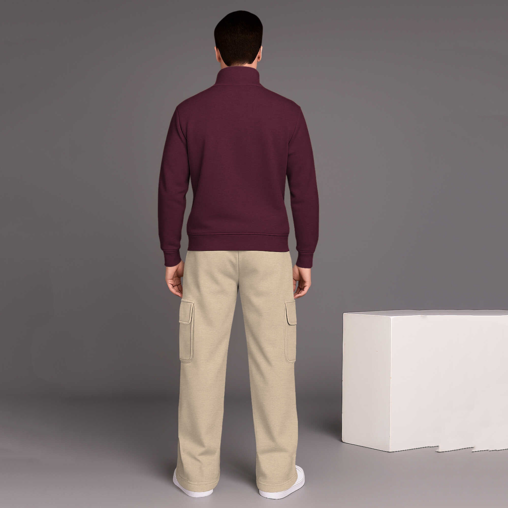 Maroon High Neck Plain Sweatshirt With Beige baggy Cargo Tracksuit