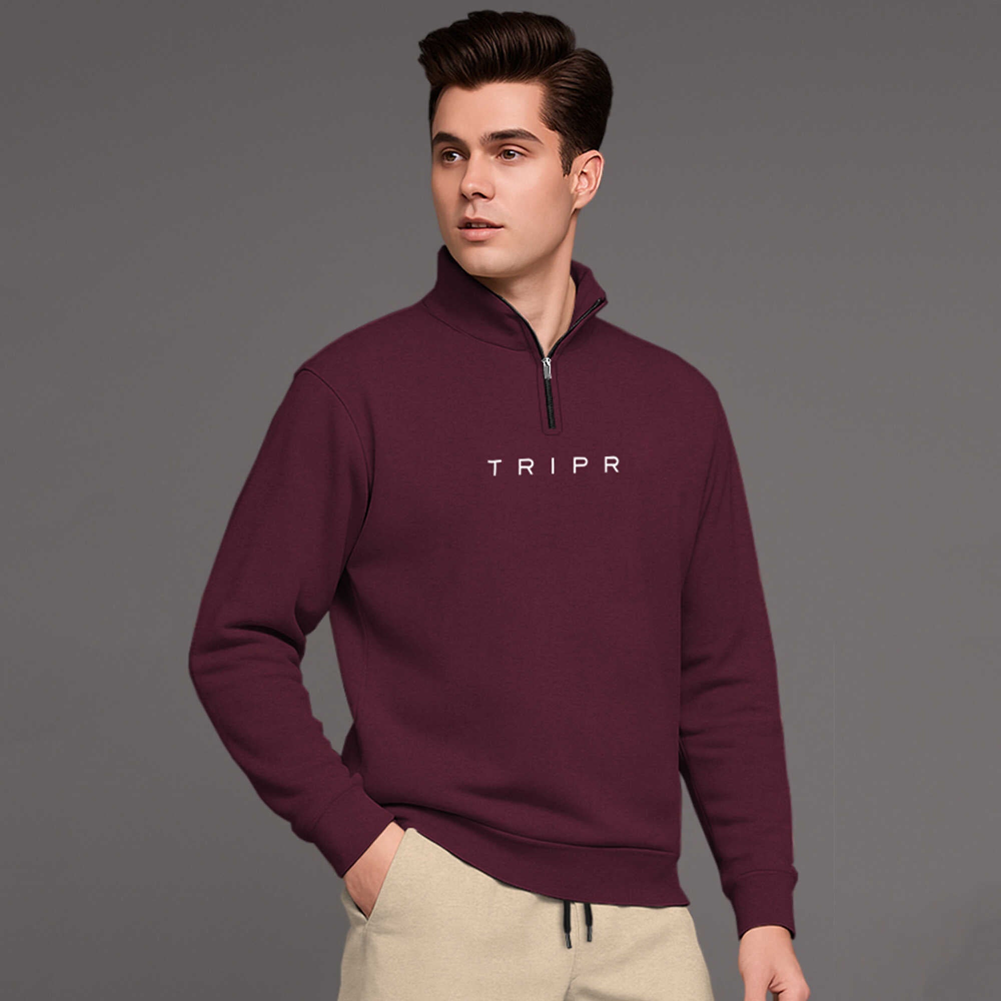 Maroon High Neck Plain Sweatshirt With Beige baggy Cargo Tracksuit