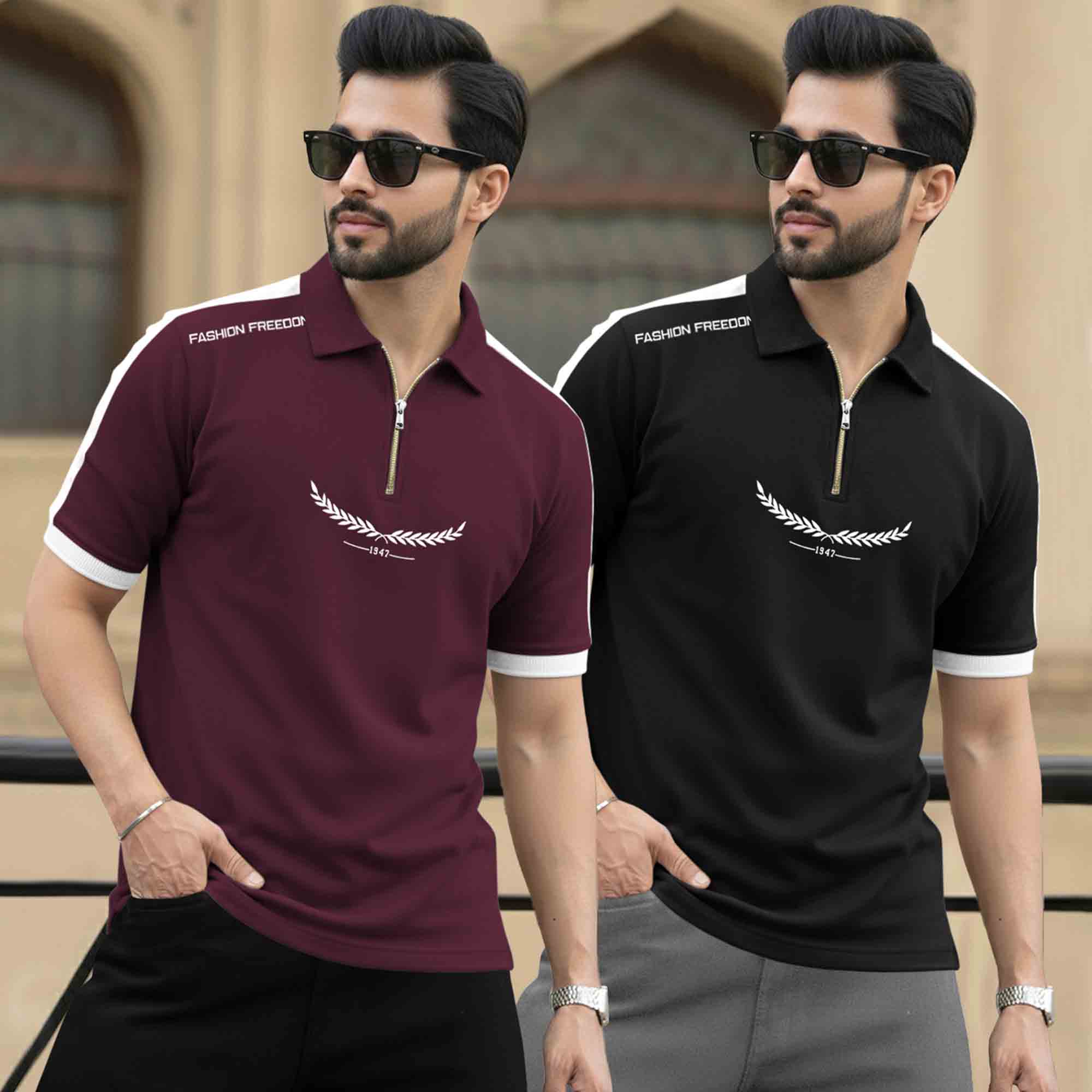 (Pack Of 2) Quarter Zip Polo Neck Printed Tshirts - 12 Variants