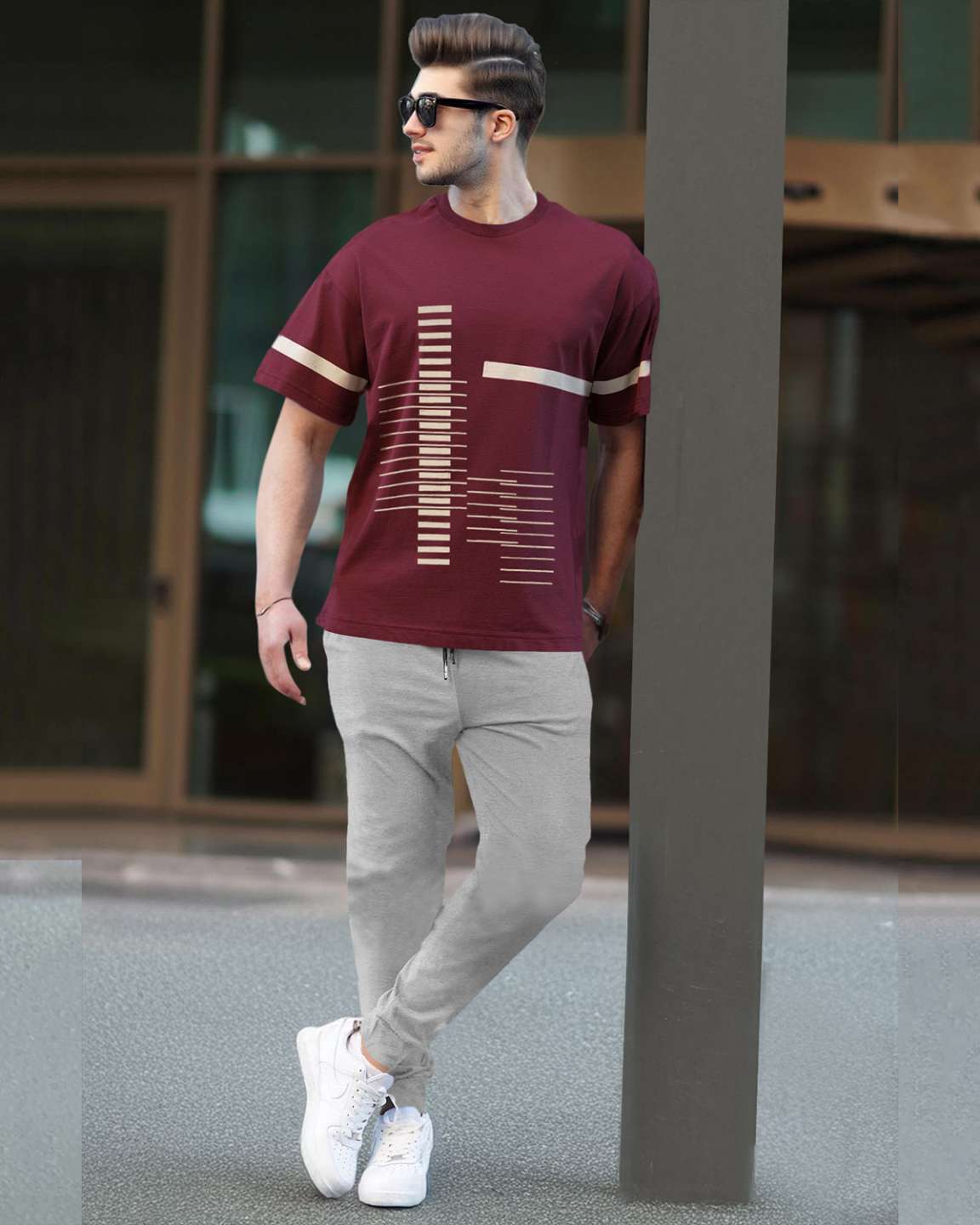 Track Suit Half Sleeve Maroon Printed T-shirt with Plain Grey
