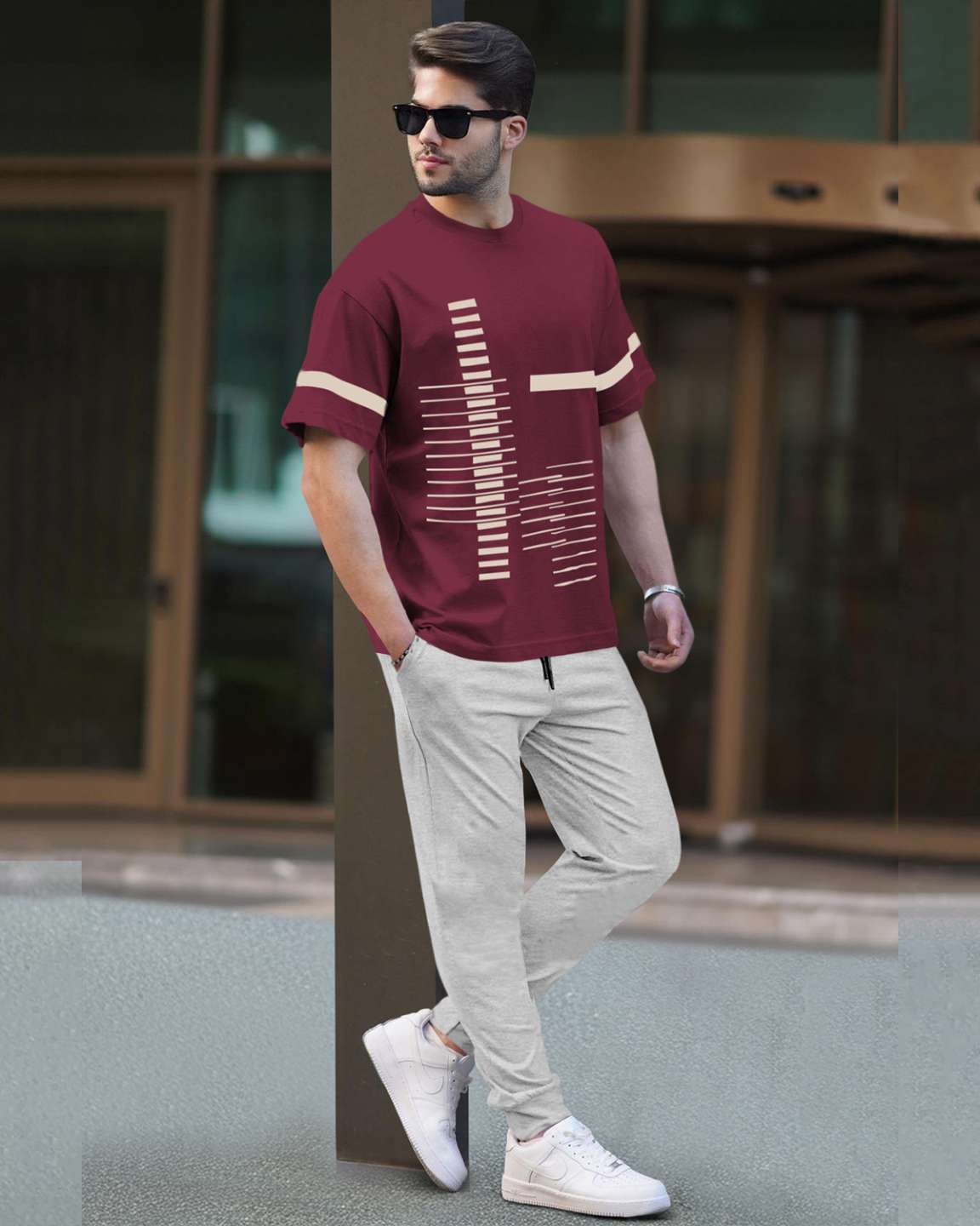 Track Suit Half Sleeve Maroon Printed T-shirt with Plain Grey Trackpant