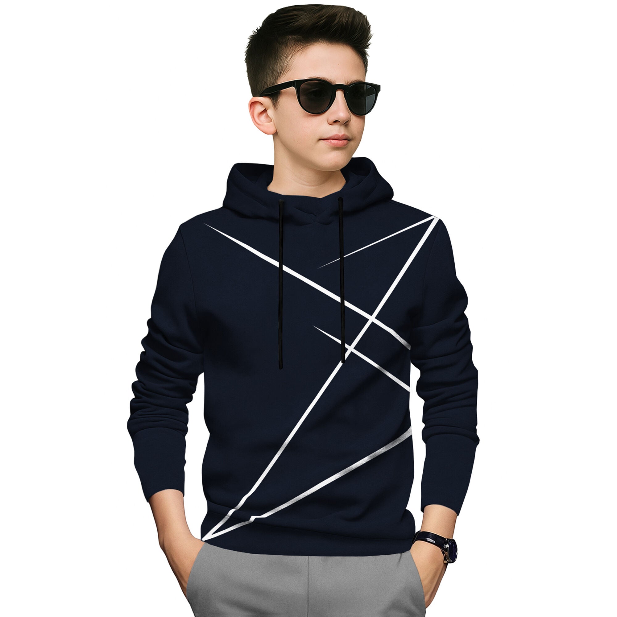 Boys Full Sleeve Navy Blue Zig Zag Graphic Printed Hooded T-shirt