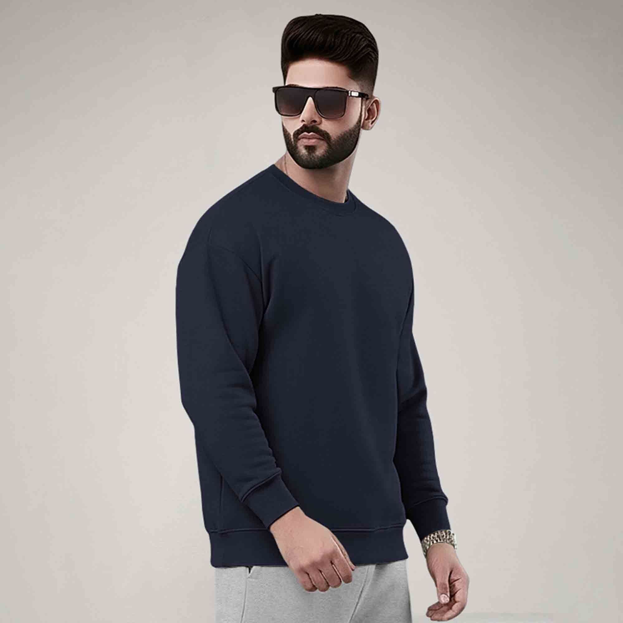PLAIN NAVY BLUE MEN REGULAR FIT CASUAL SWEATSHIRT