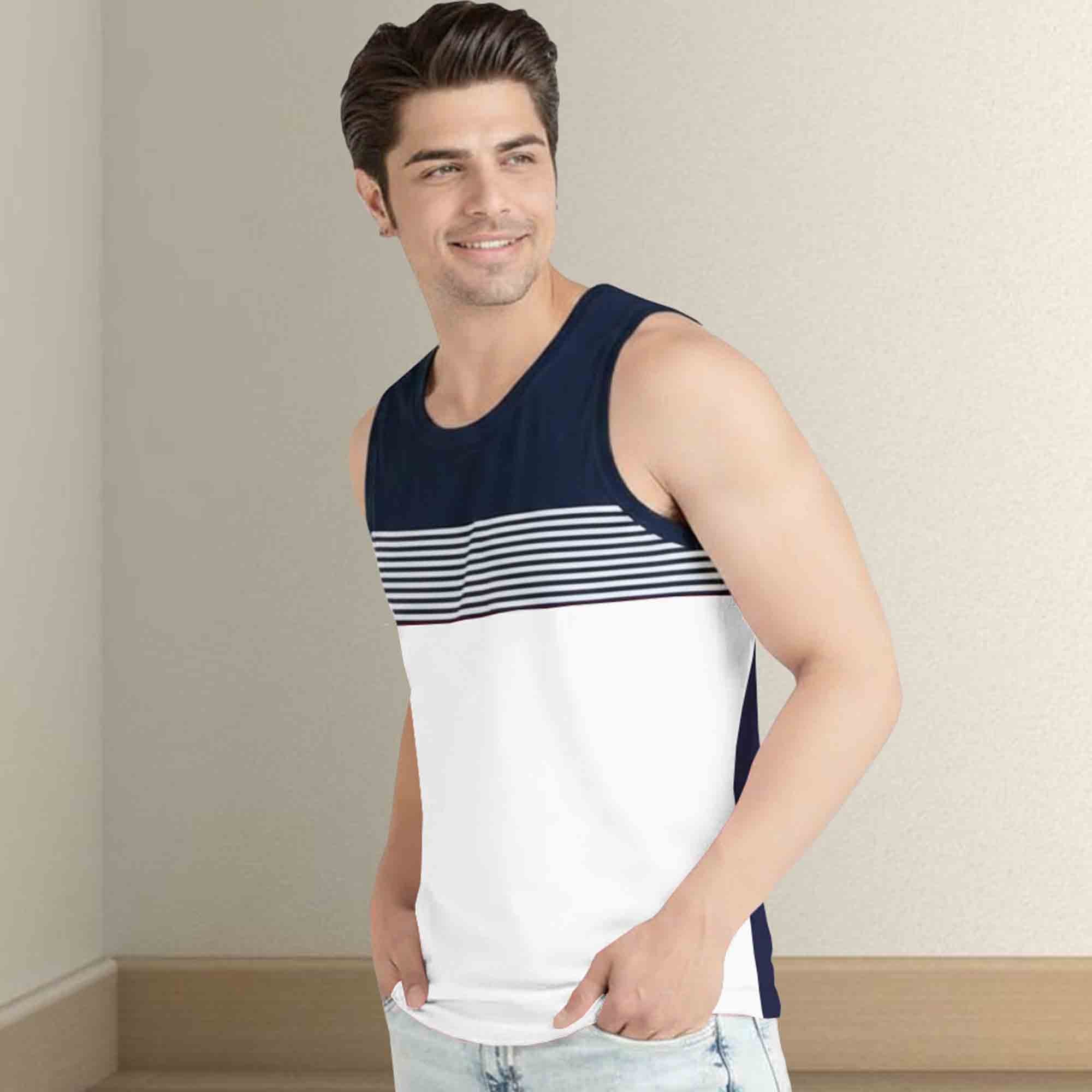 Men Navy White Melange Striped Vest