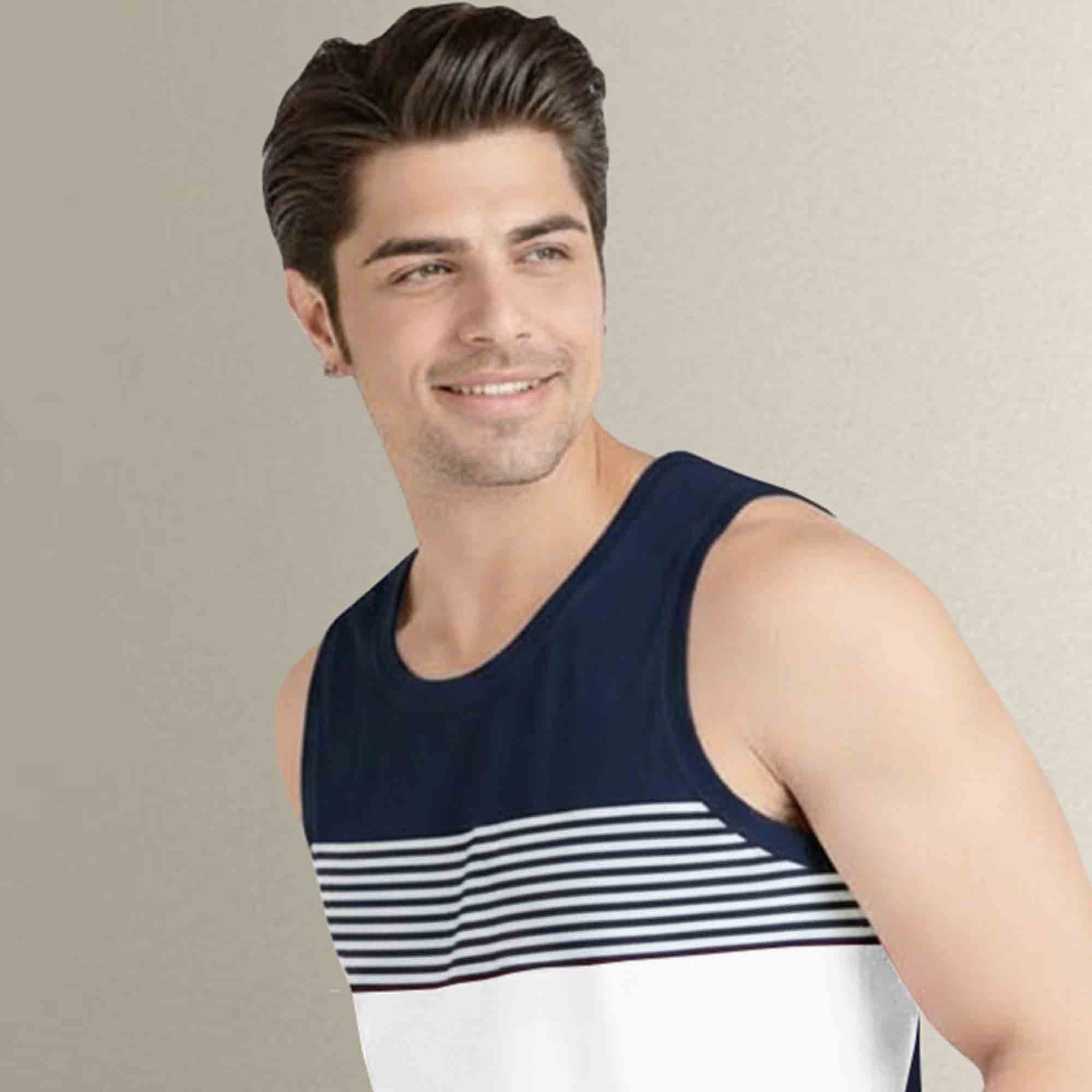 Men Navy White Melange Striped Vest