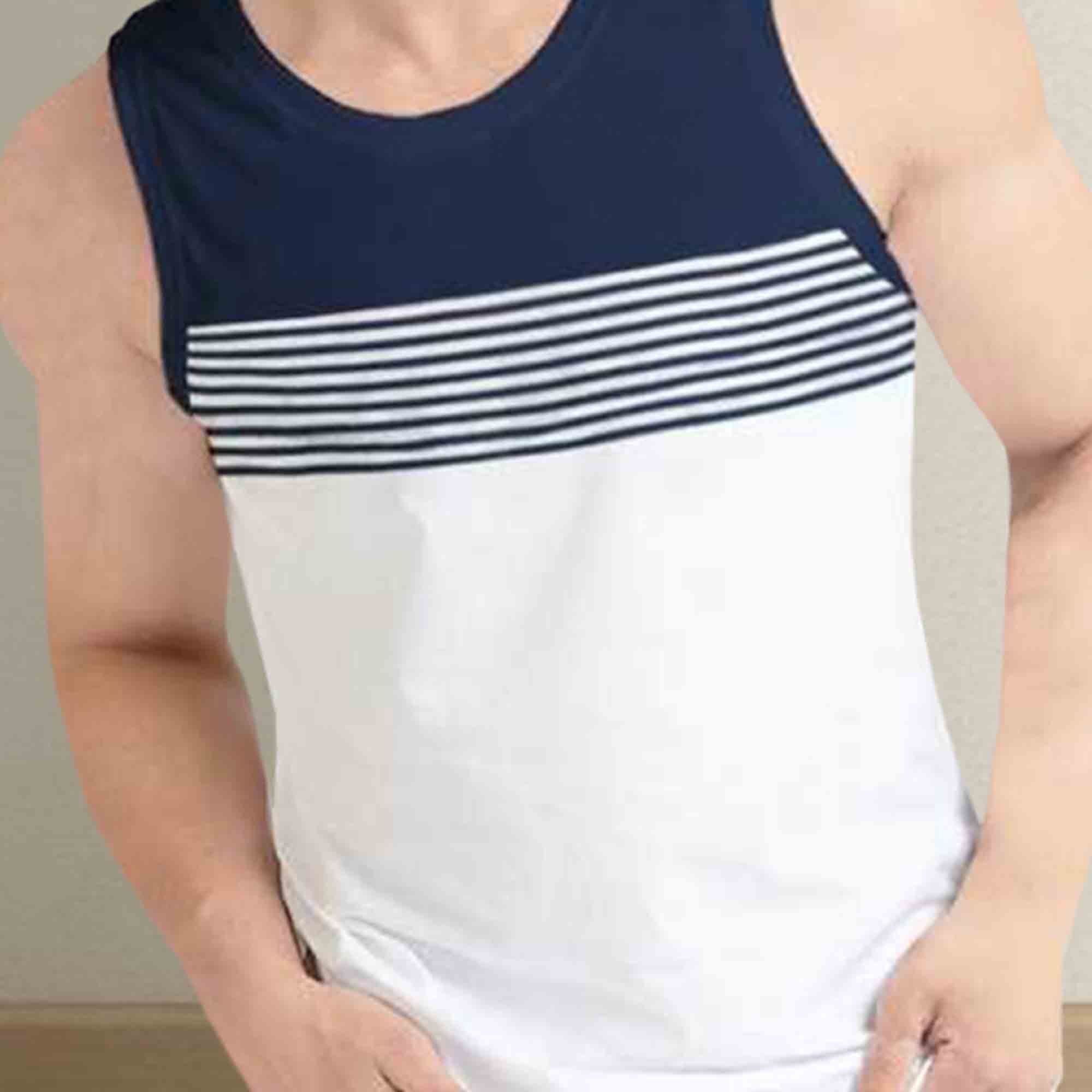 Men Navy White Melange Striped Vest
