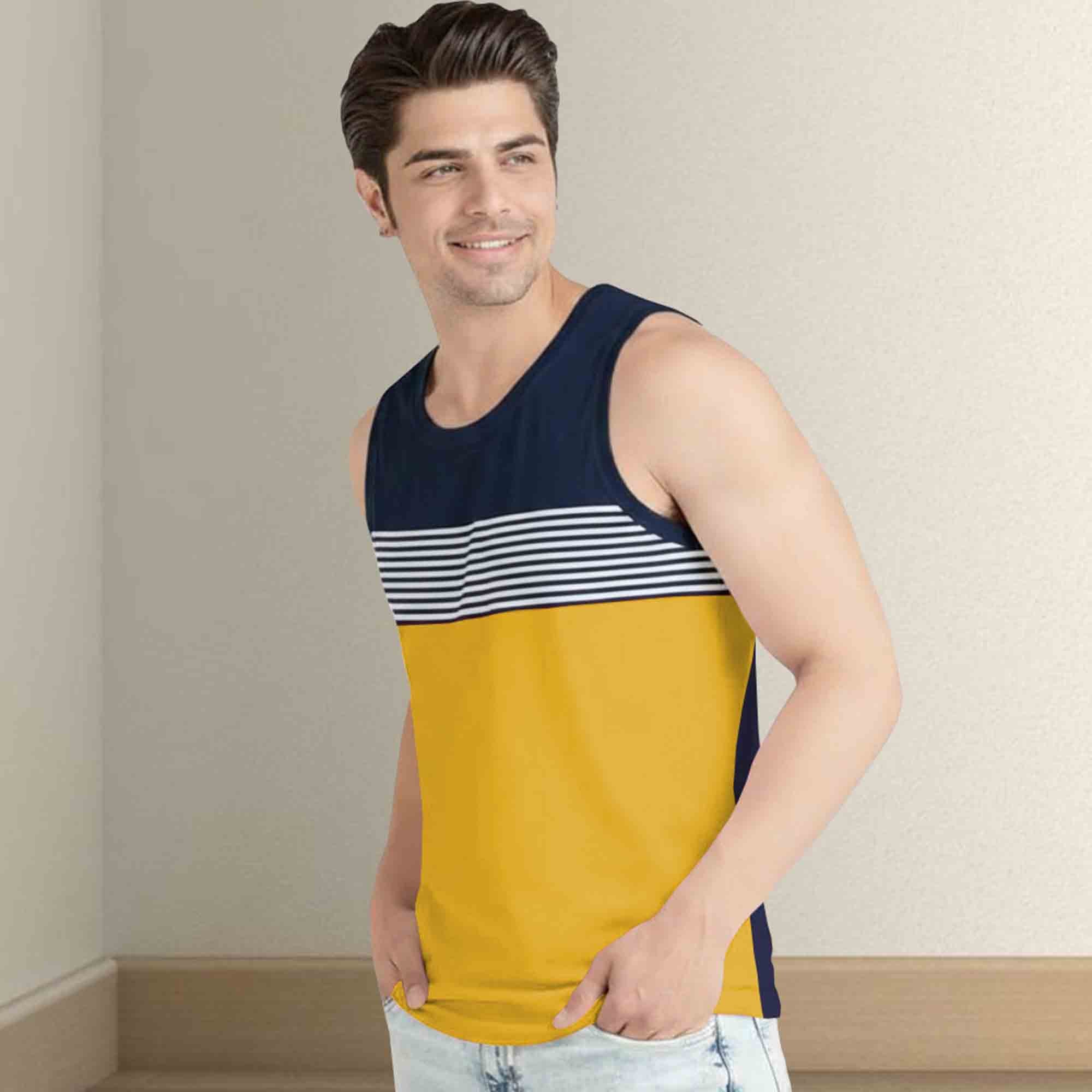 Men Navy-Yellow Striped Vest