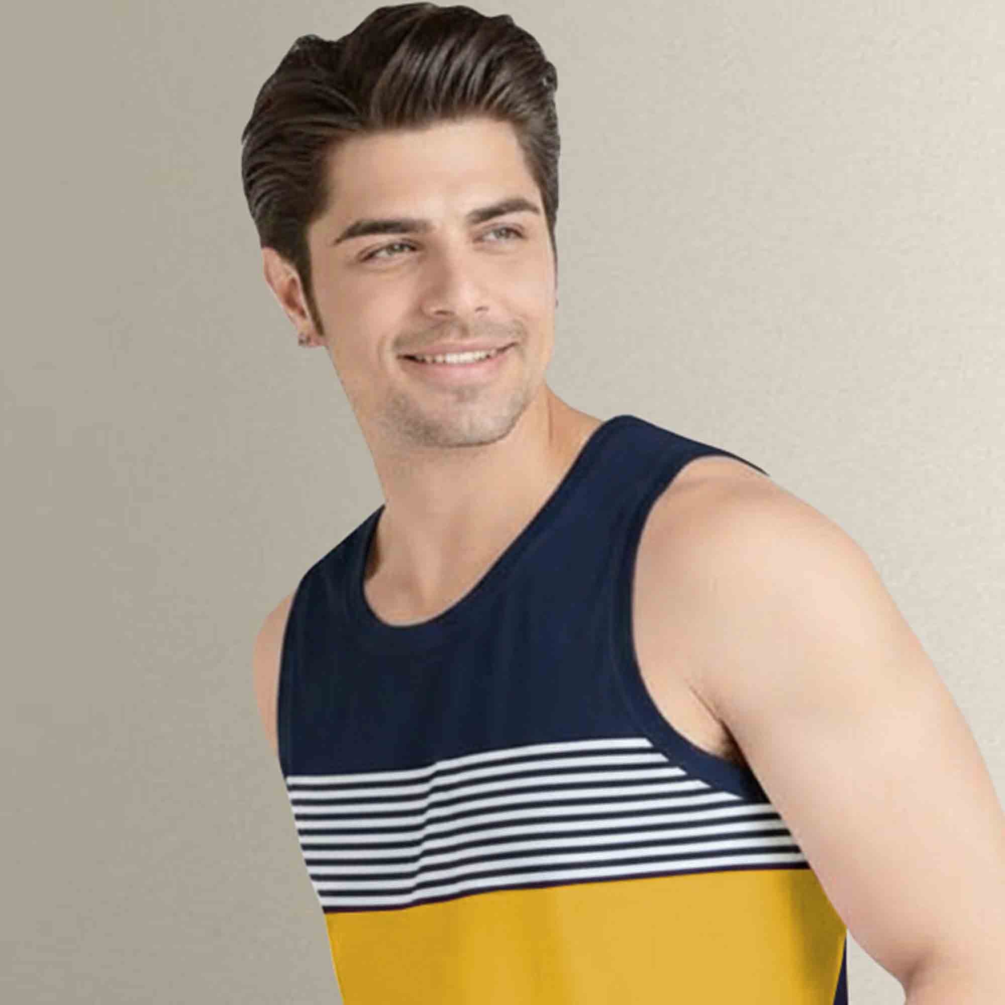 Men Navy-Yellow Striped Vest