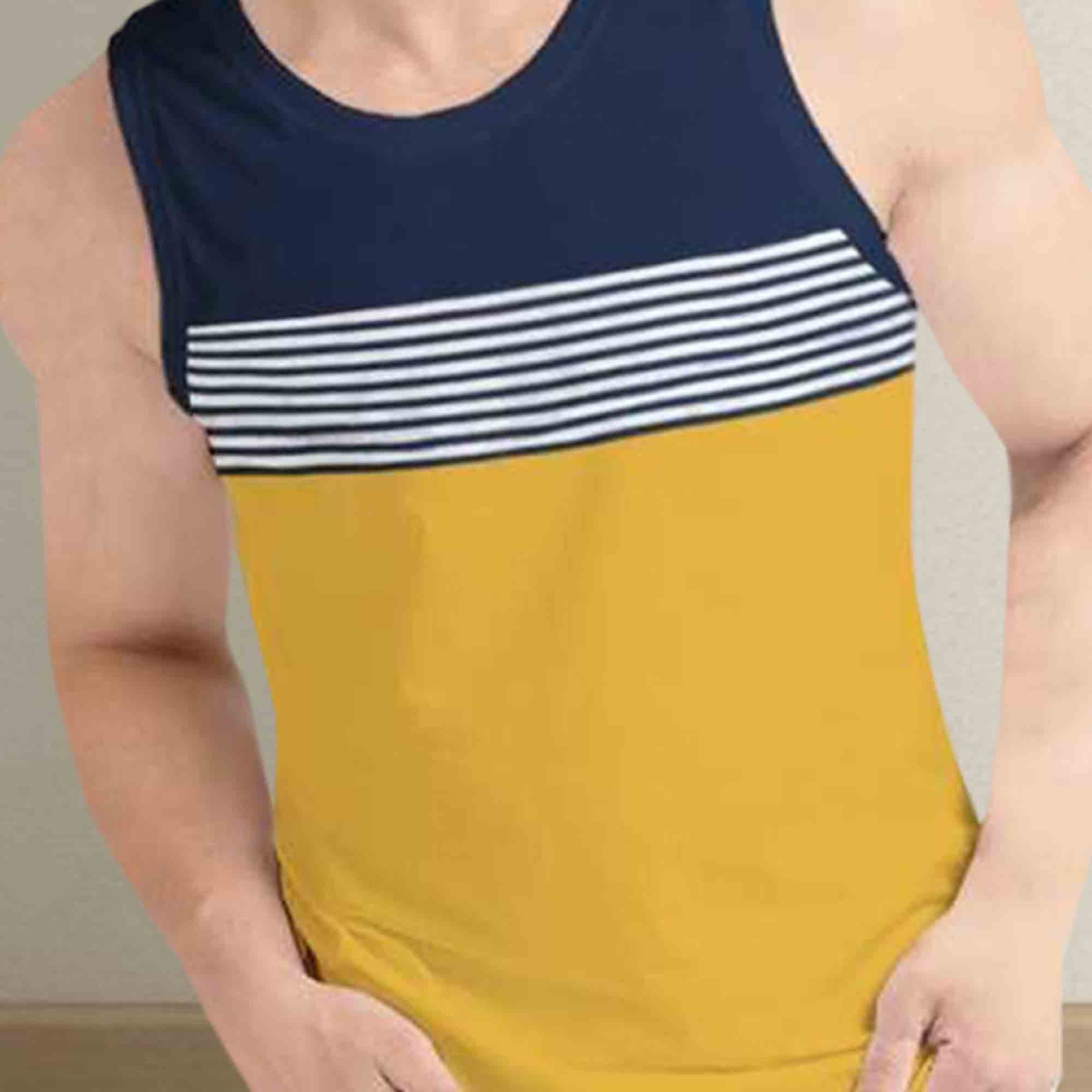 Men Navy-Yellow Striped Vest