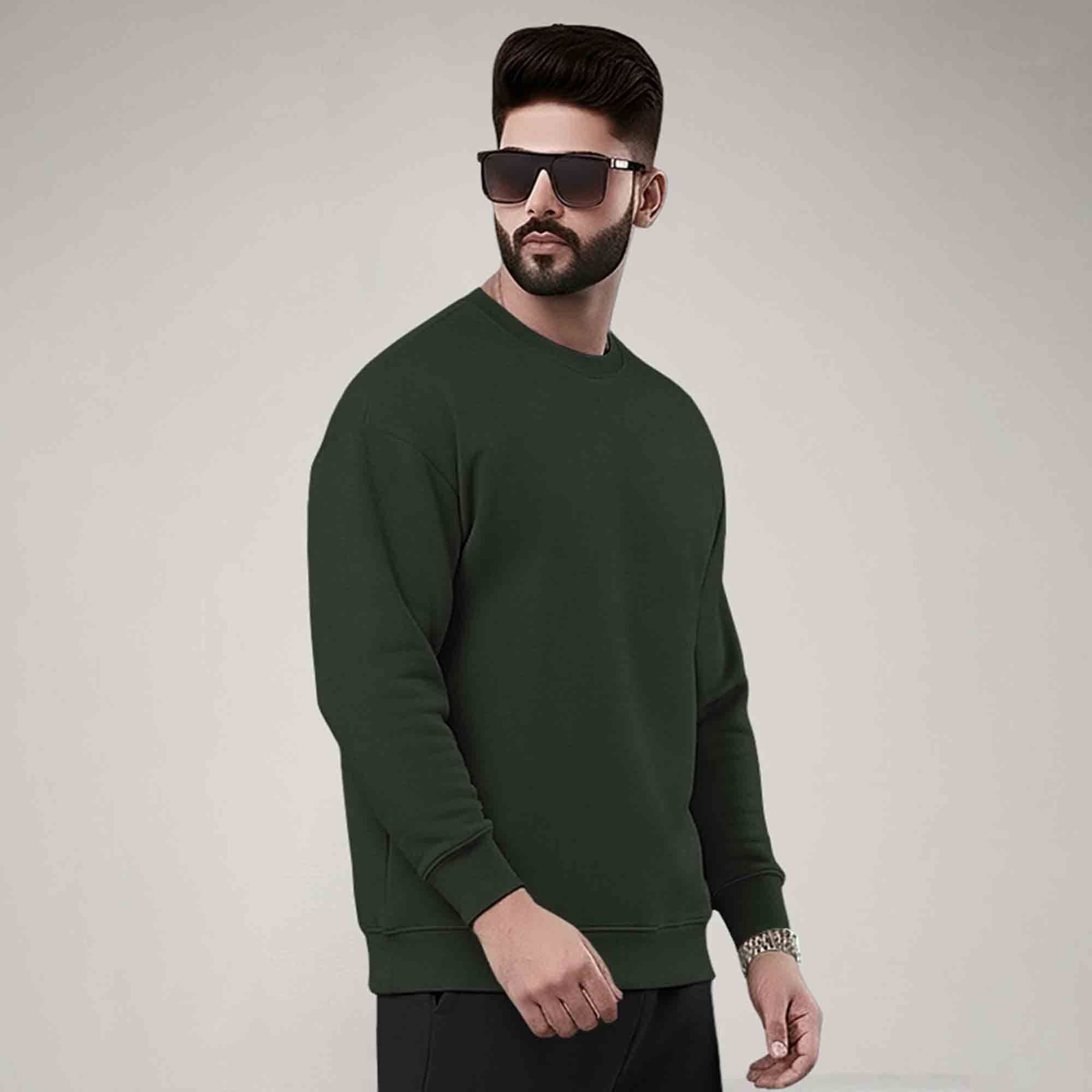 PLAIN OLIVE GREEN MEN REGULAR FIT CASUAL SWEATSHIRT