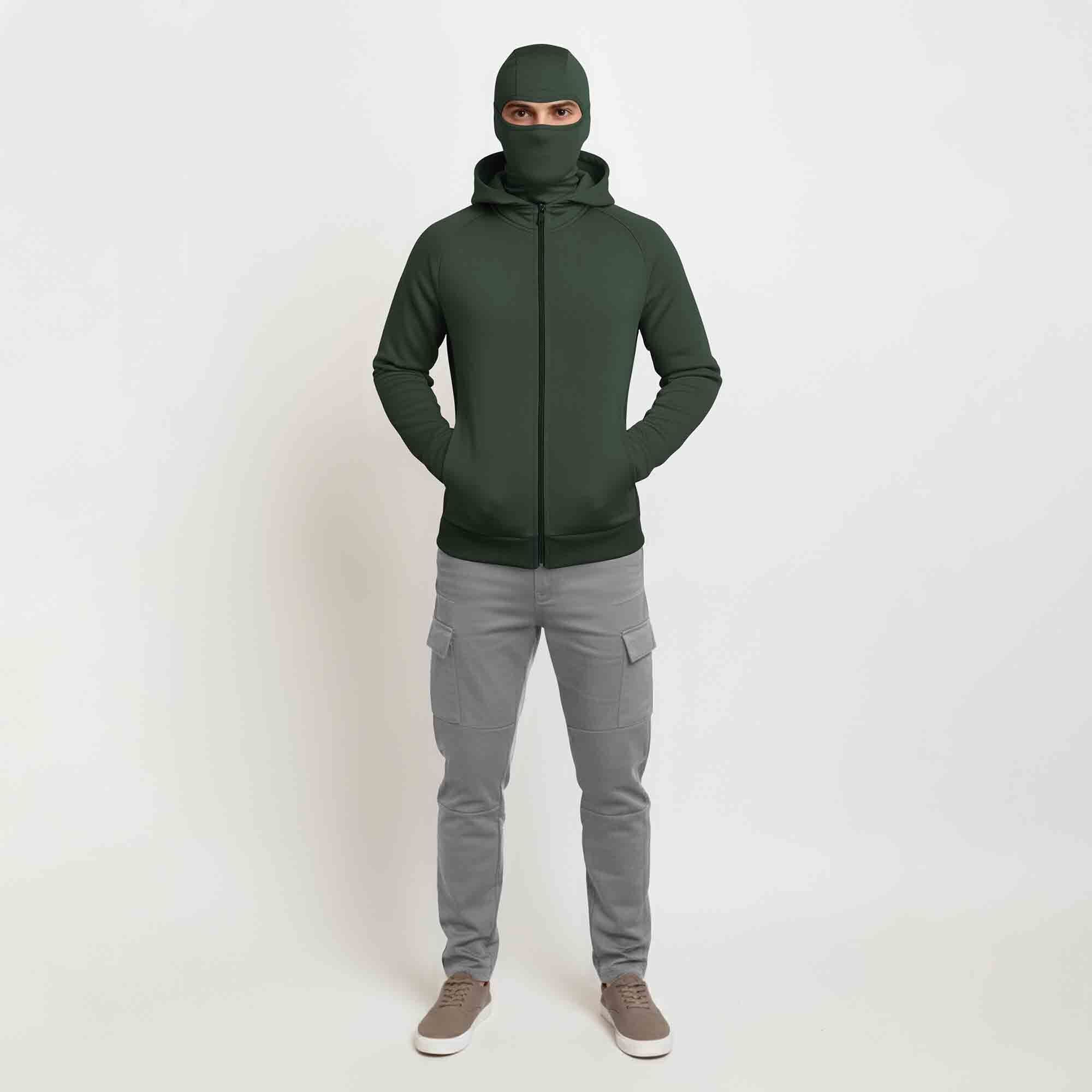 Mens Winter Full Mask Warm Zip-Up Hooded Jacket Olivegreen