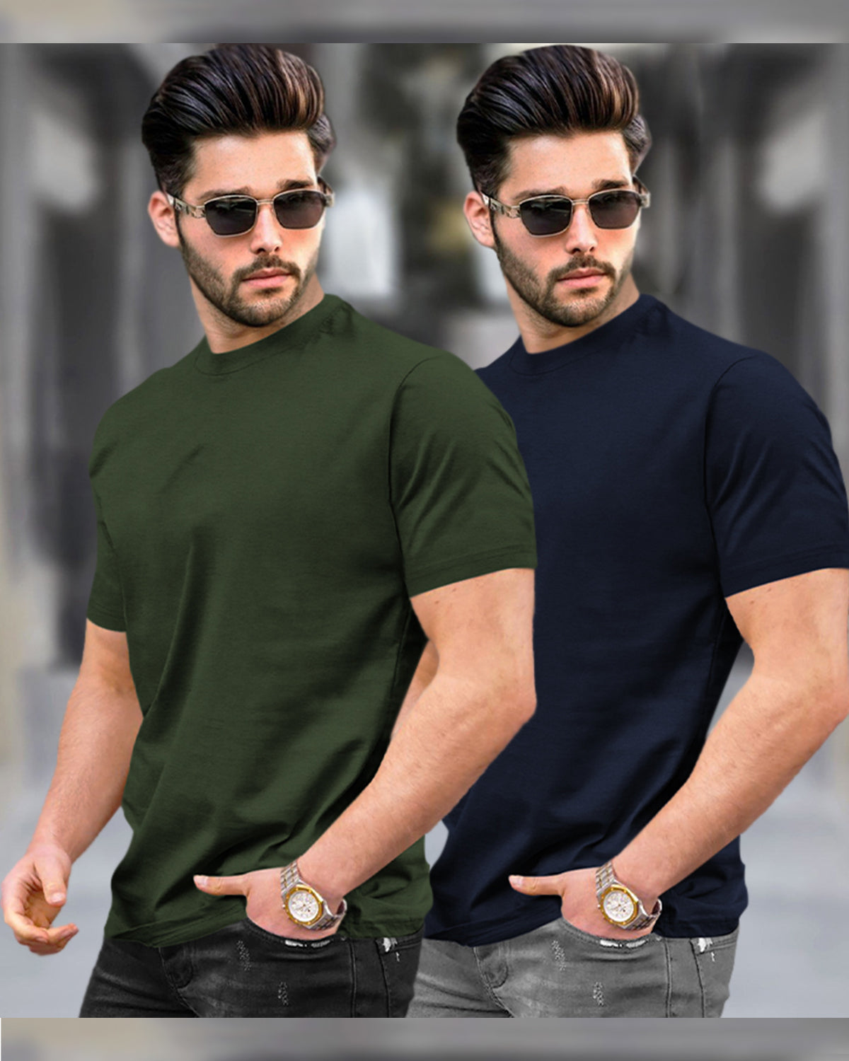 Mens Half Sleeve Plain Round Neck Olivegreen & Navy T-shirts (Pack Of 2)