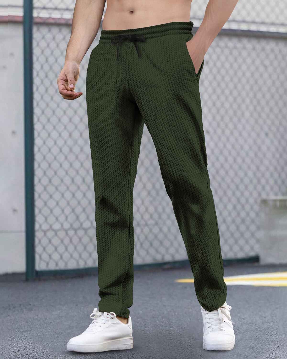 Men Plain Waffle Olivegreen Trackpant