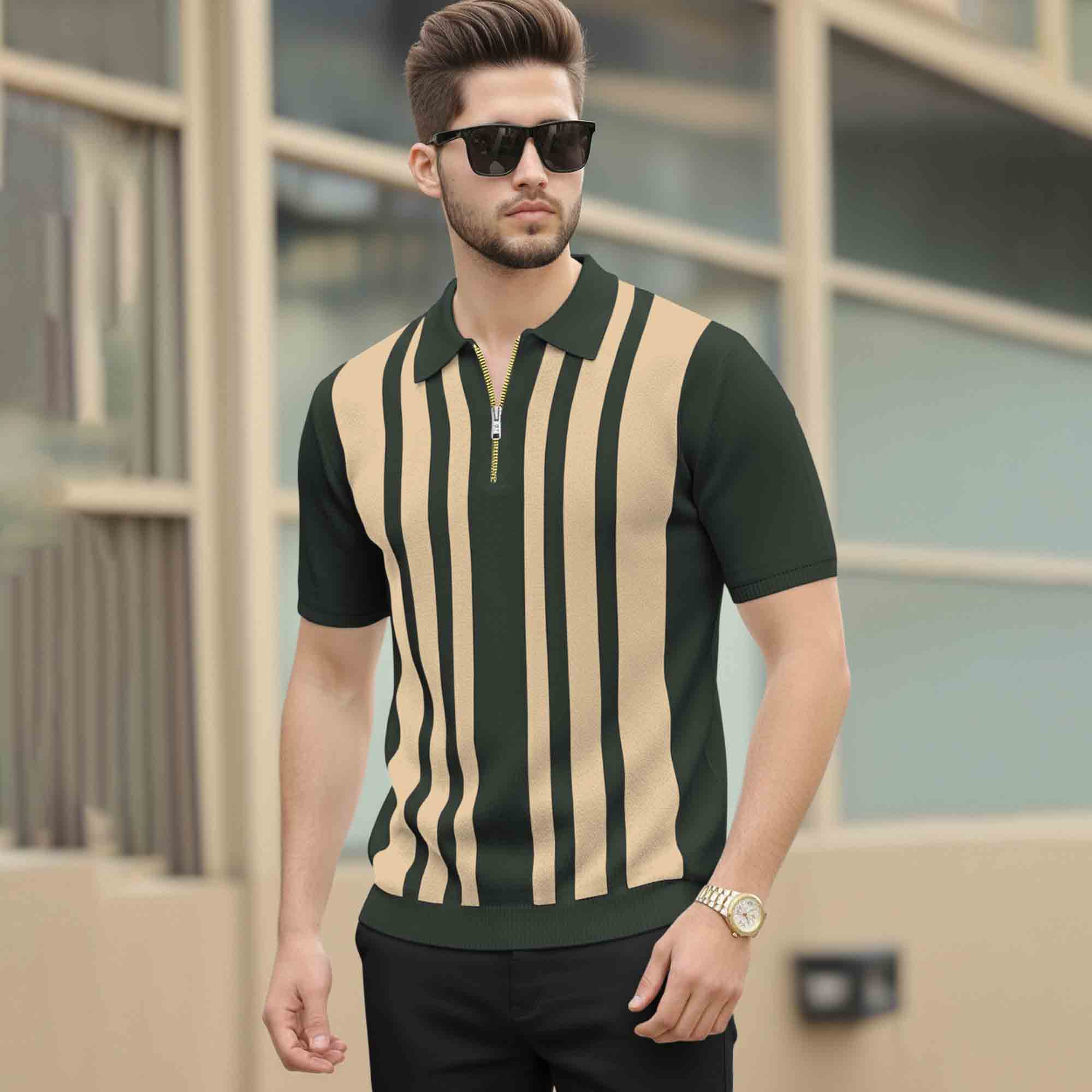 Men Quarter Zip Polo Neck Vertical Striped Half Sleeve T-shirt Olivegreen