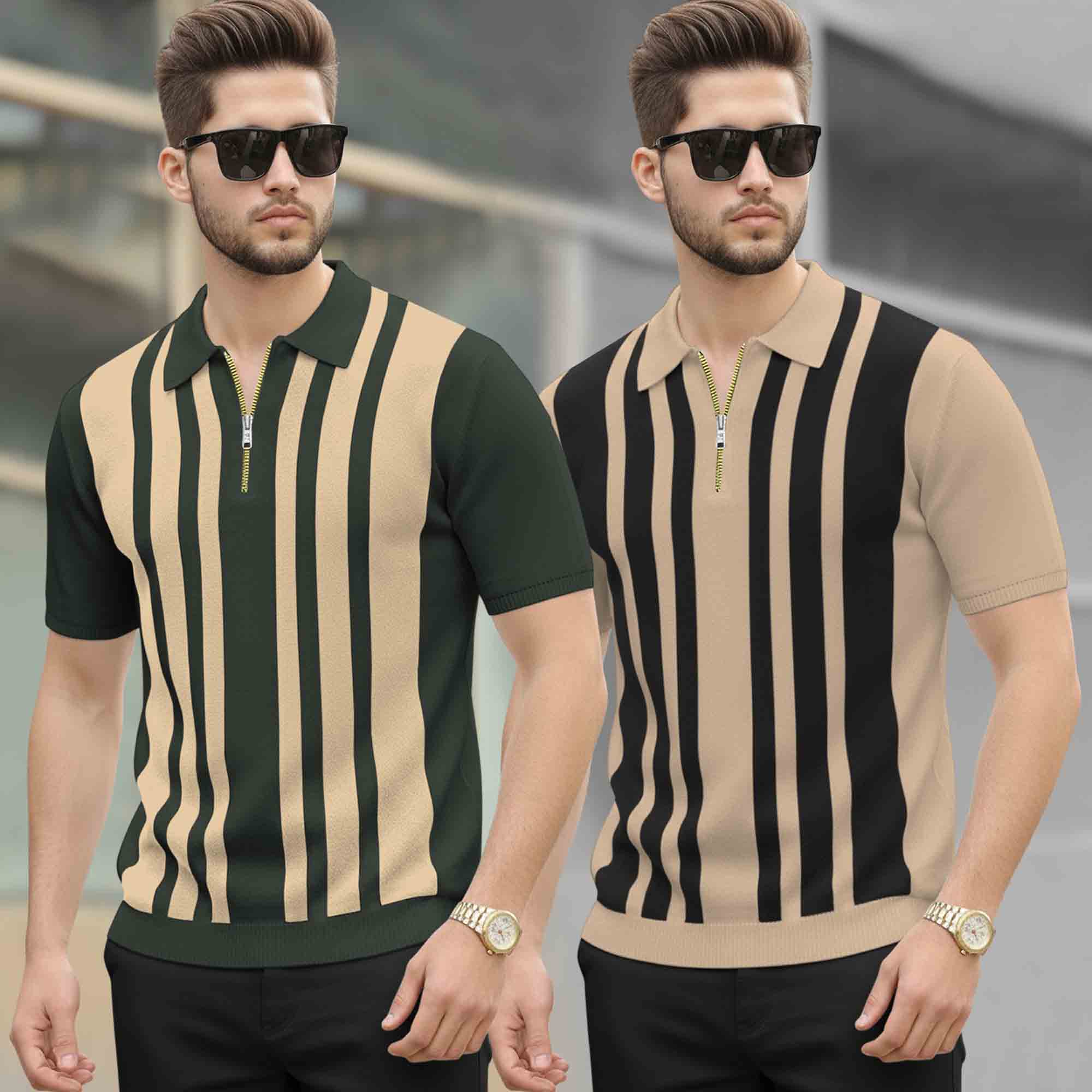 (Pack Of 2) Quarter Zip Polo Neck Printed Tshirts - 12 Variants