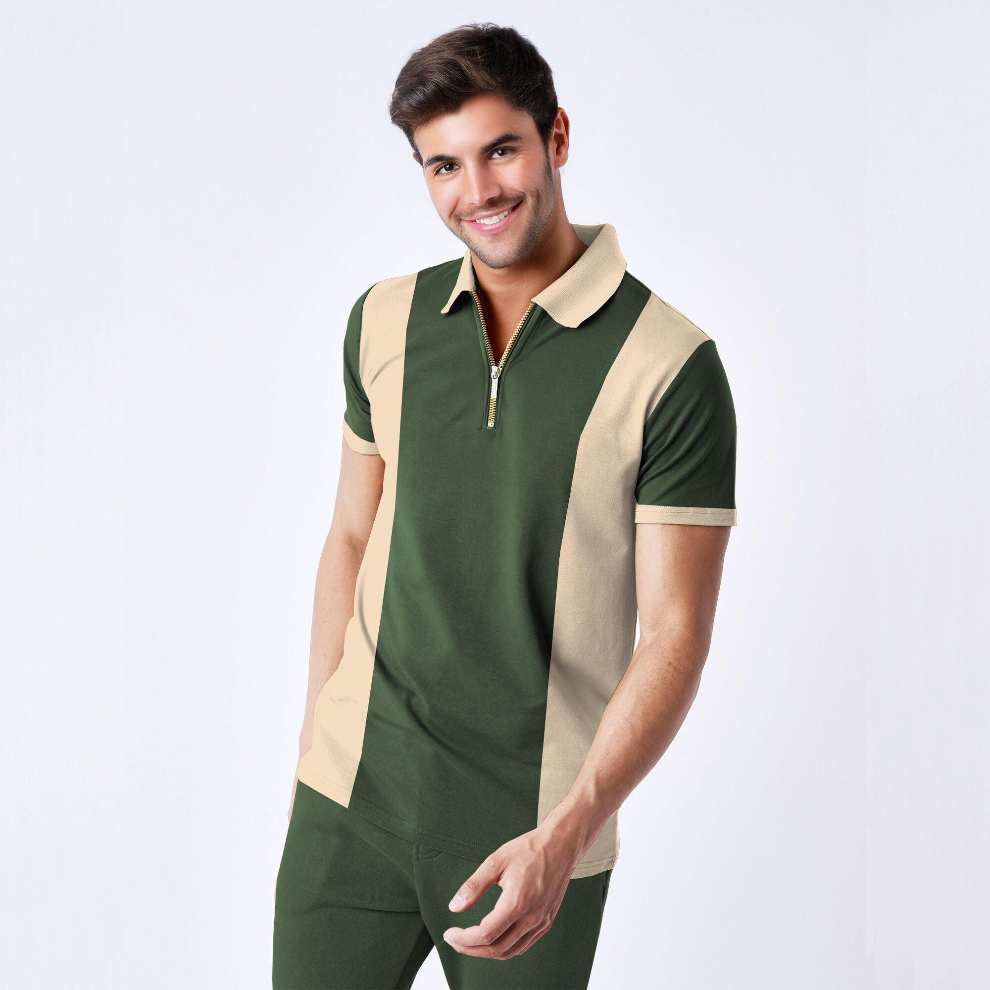 Men’s Dual Tone Polo T-Shirt with Zip Collar Olivegreen
