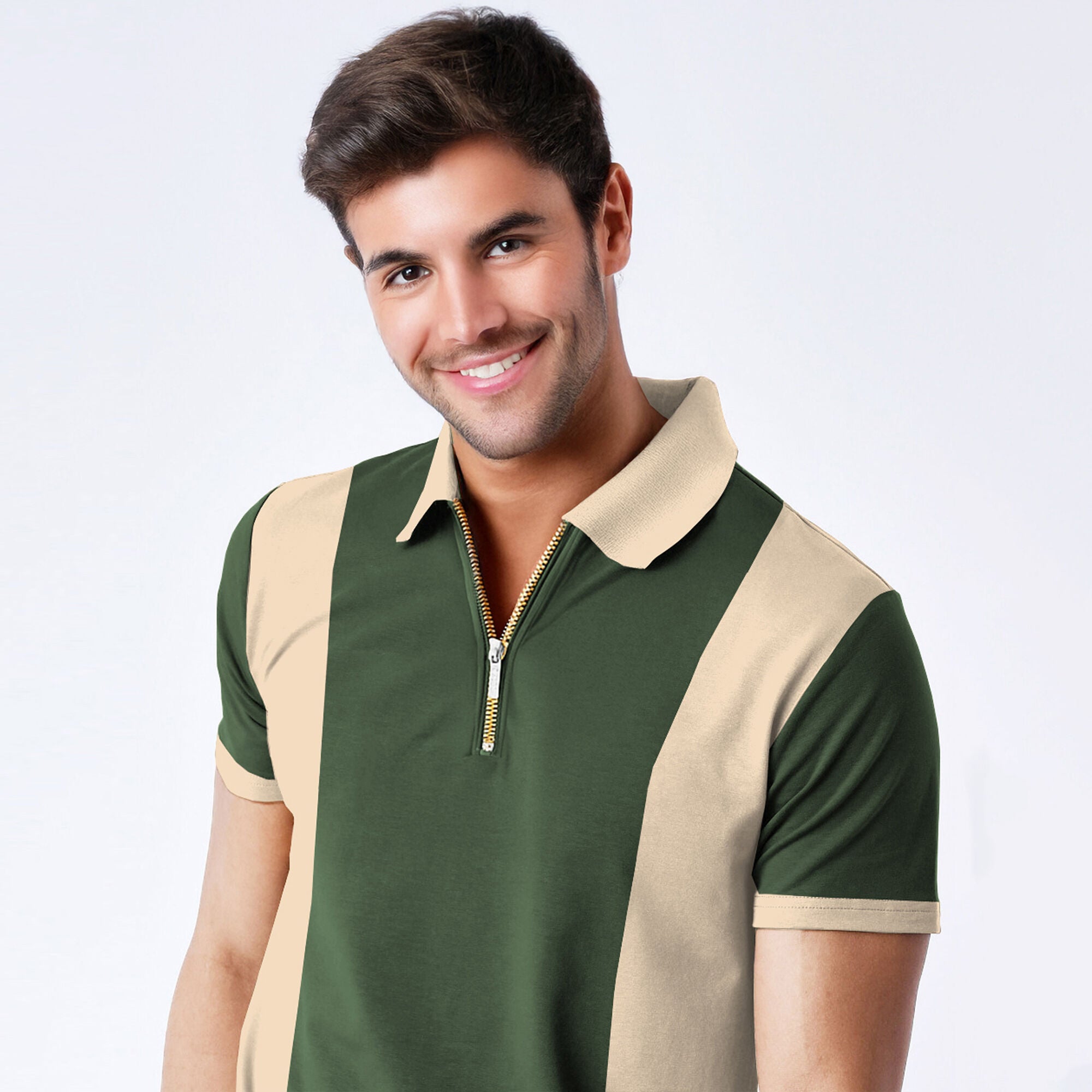 Men’s Dual Tone Polo T-Shirt with Zip Collar Olivegreen