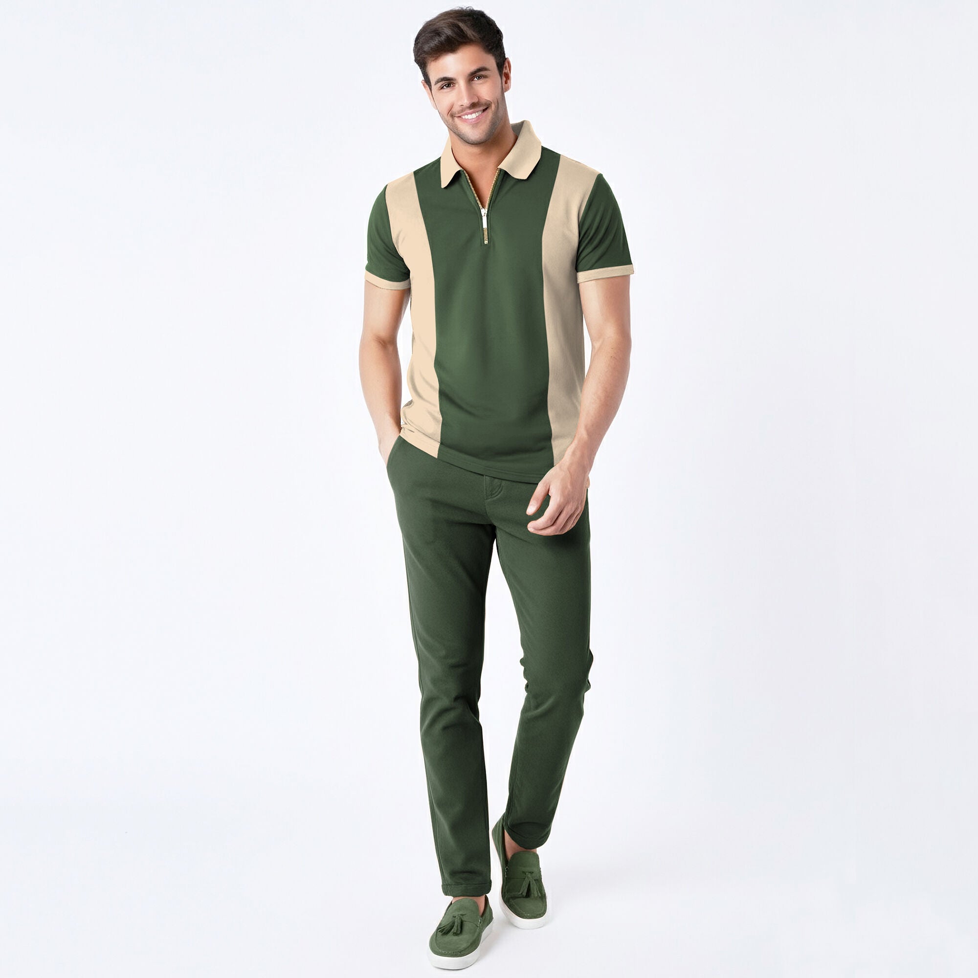 Men’s Dual Tone Polo T-Shirt with Zip Collar Olivegreen