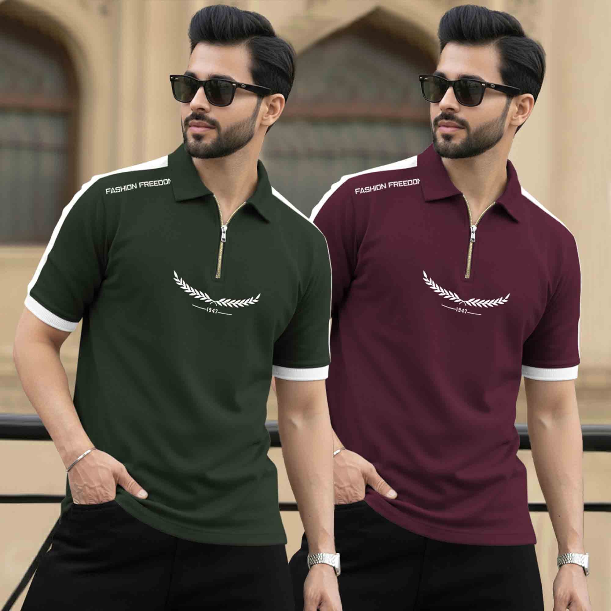 (Pack Of 2) Quarter Zip Polo Neck Printed Tshirts - 12 Variants