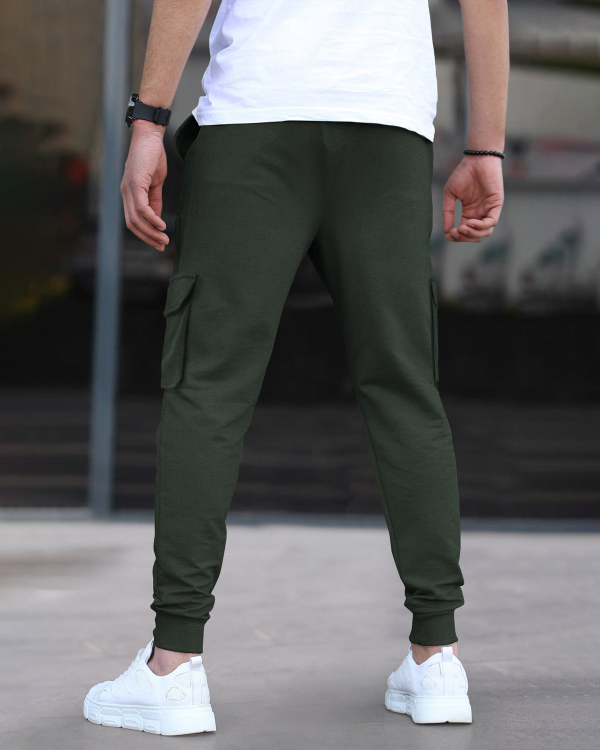 Mens Multi Pockets Plain Olive Green Cargo Jogger