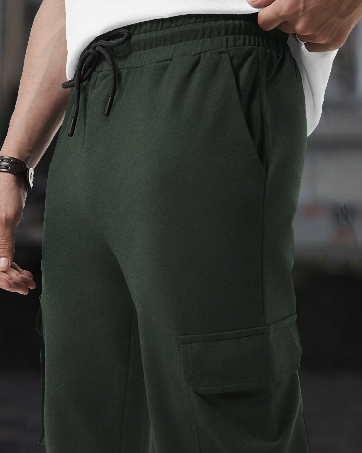 Mens Multi Pockets Plain Olive Green Cargo Jogger