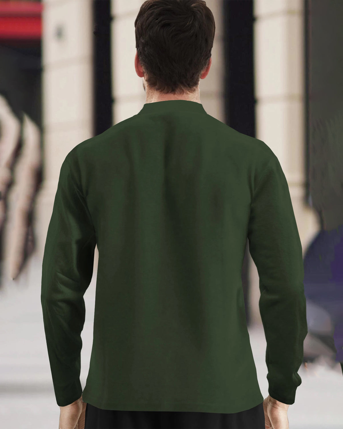 Men Full Sleeve Solid Zip Neck Olive Green T-Shirt