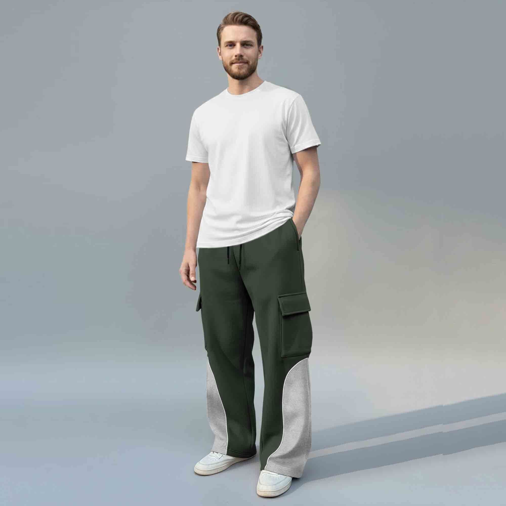 Men 4 Pockets Dual Color Baggy Cargo Pant Olivegreen & Grey