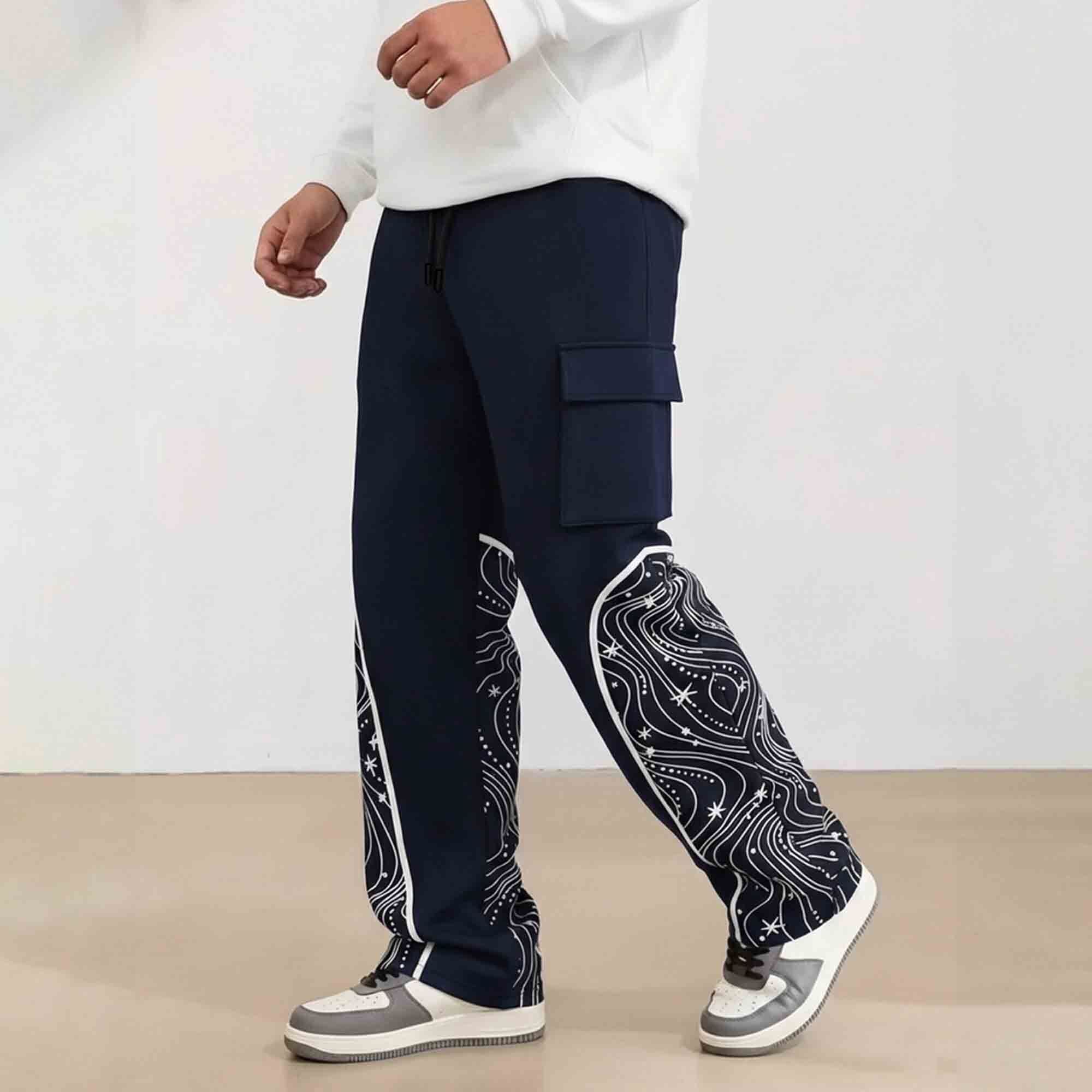 Men Multi Pockets Designing Printed Baggy Cargo Navyblue