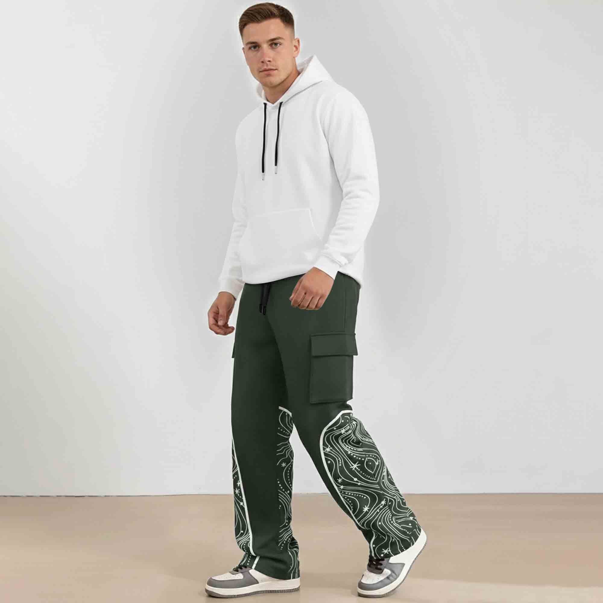 Men Multi Pockets Designing Printed Baggy Cargo Olive Green