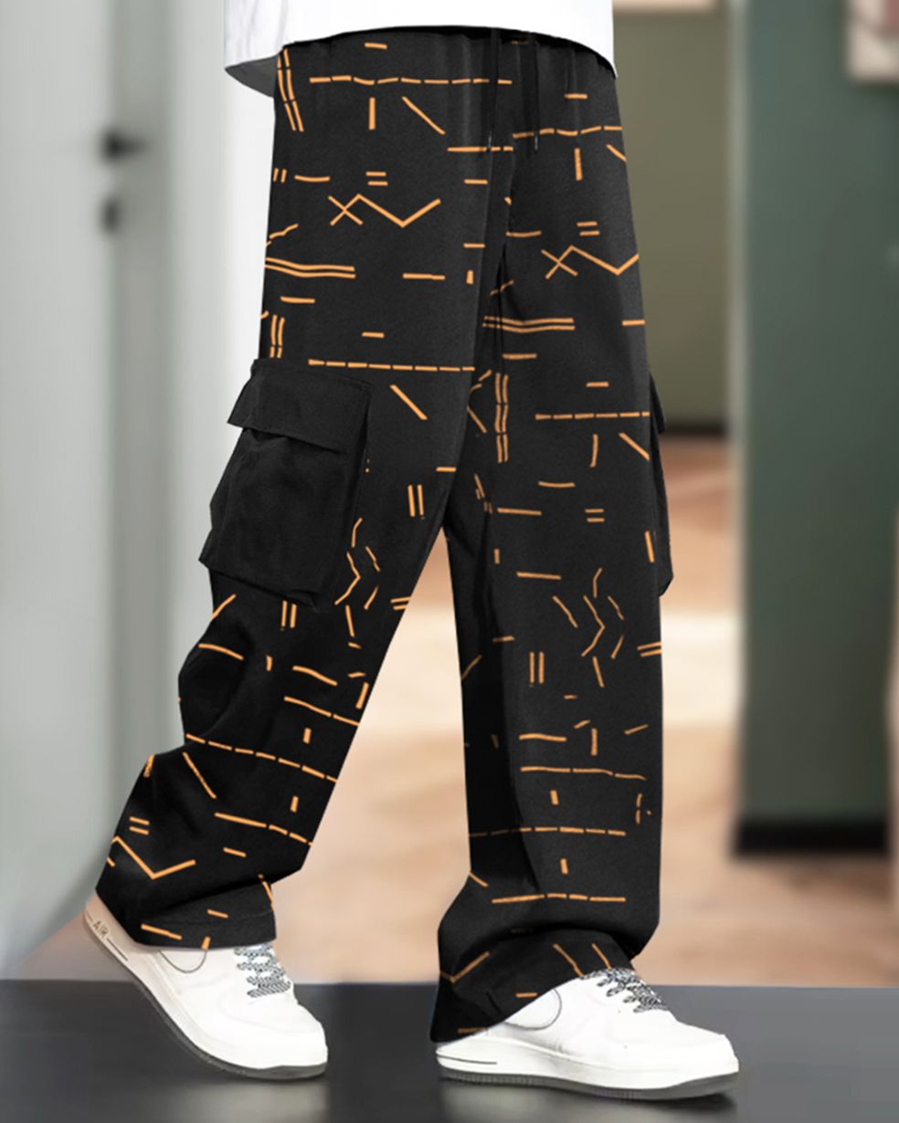 Mens Multi Pockets All Over Printed Baggy fit Black Oversized Cargo Jogger