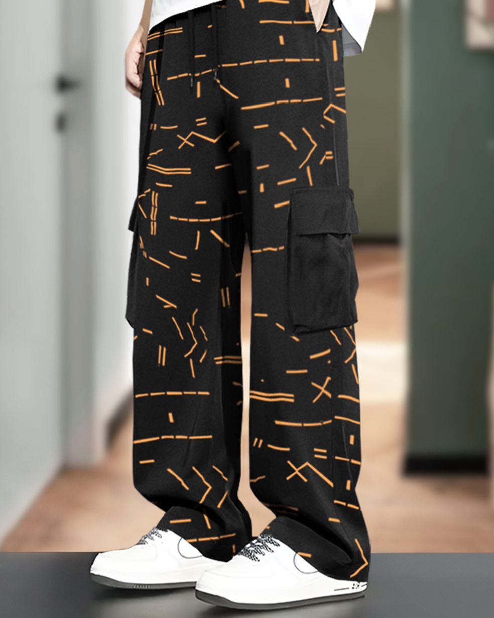 Mens Multi Pockets All Over Printed Baggy fit Black Oversized Cargo Jogger