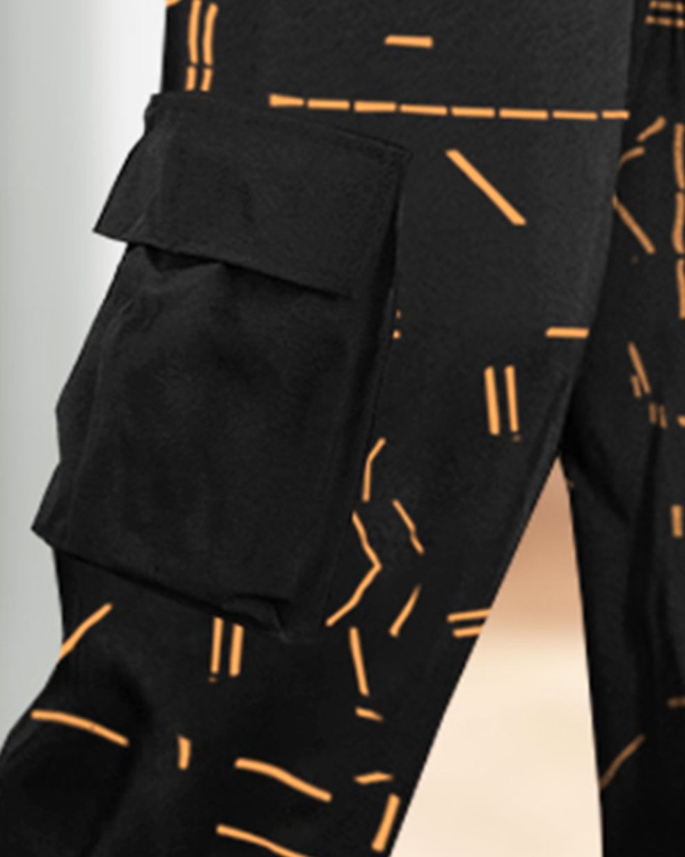 Mens Multi Pockets All Over Printed Baggy fit Black Oversized Cargo Jogger