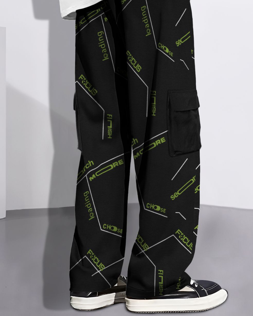 Mens Multi Pockets All Over Printed Baggy fit oversized Black Cargo Jogger