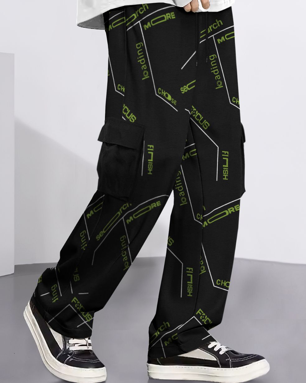 Mens Multi Pockets All Over Printed Baggy fit oversized Black Cargo Jogger