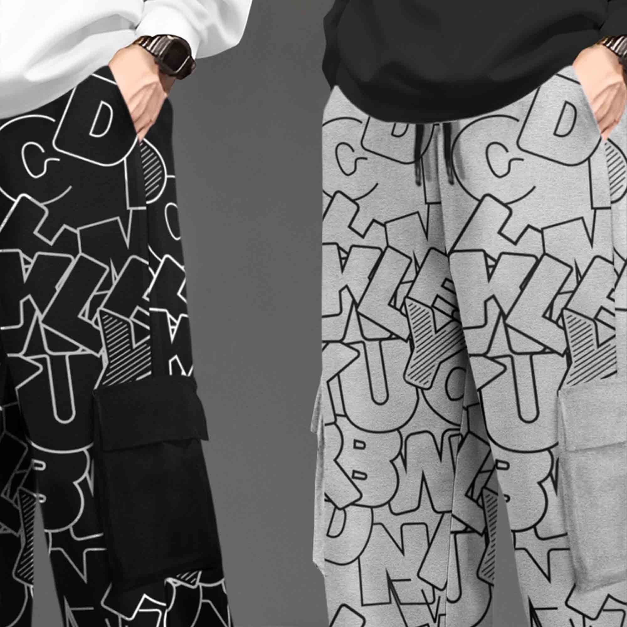 (Pack Of 2) Printed Multi Pocket Baggy Cargo Black & Grey