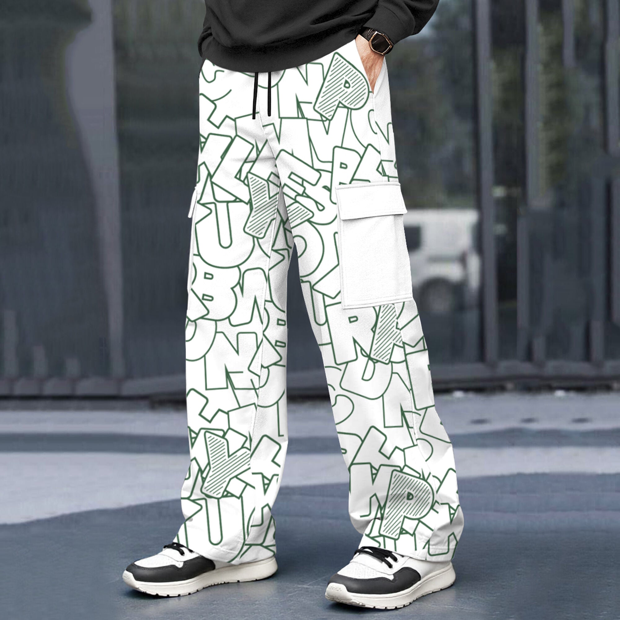 Mens Multi Pockets All Over Printed Baggy fit oversized Cargo Jogger White