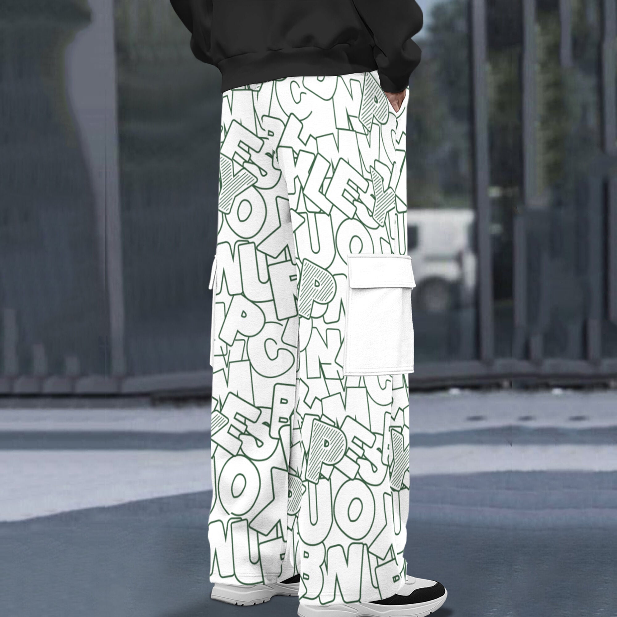 Mens Multi Pockets All Over Printed Baggy fit oversized Cargo Jogger White