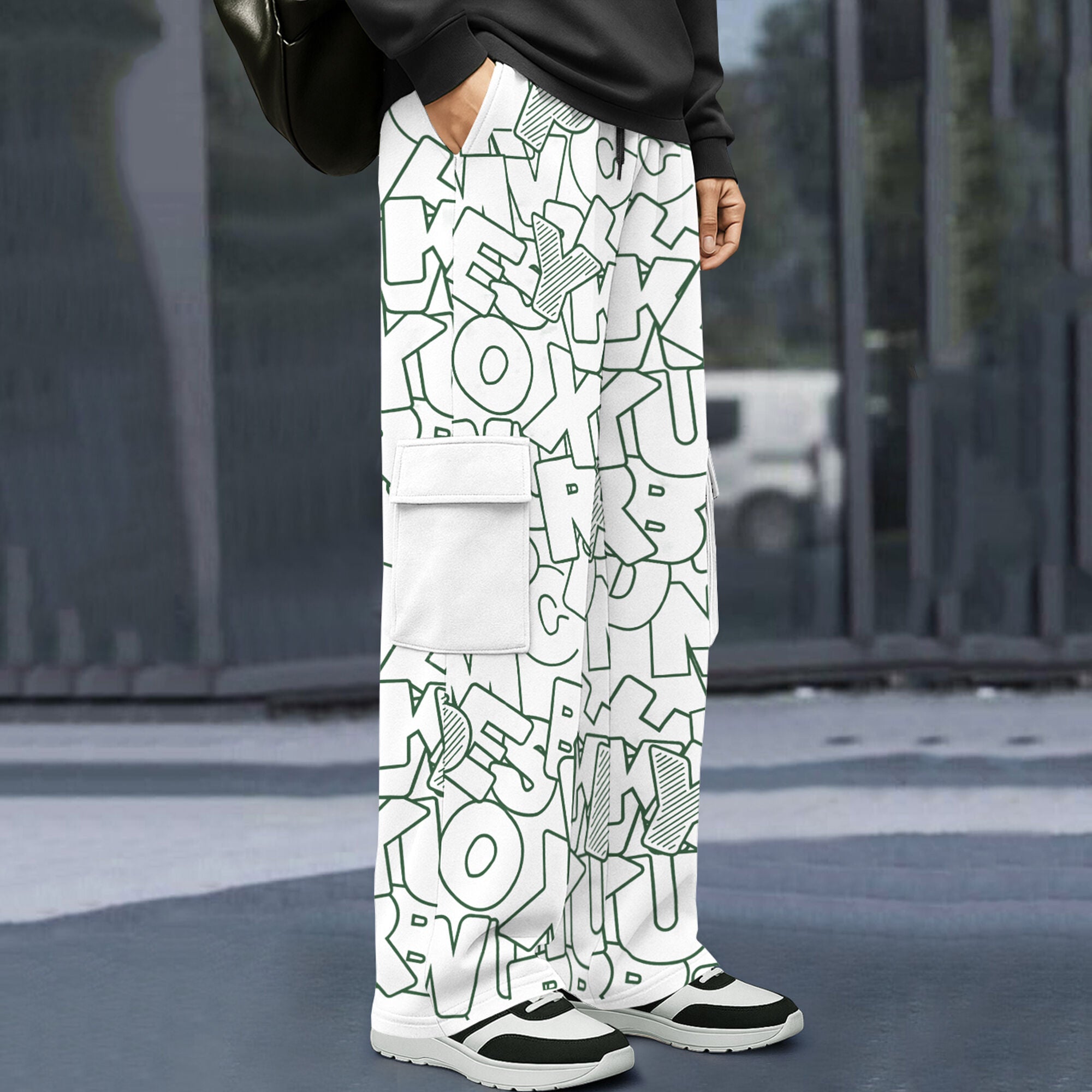 Mens Multi Pockets All Over Printed Baggy fit oversized Cargo Jogger White