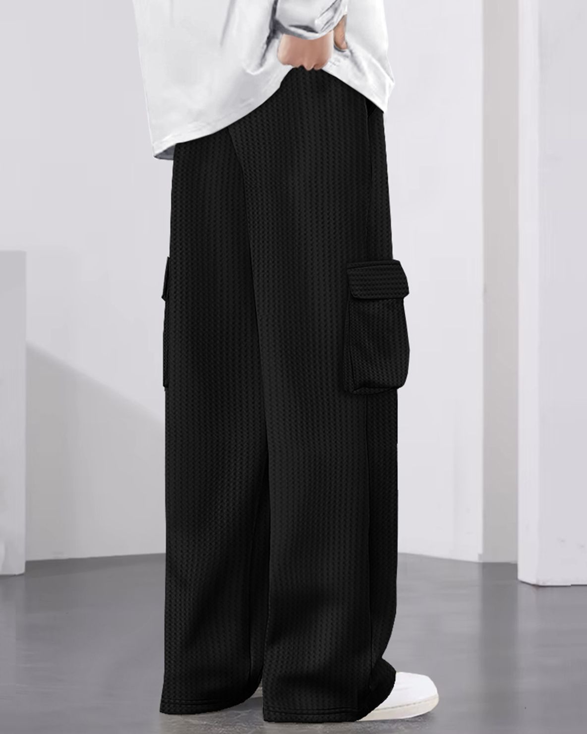 Men Plain Waffle Baggy fit oversized Cargo Jogger / Black