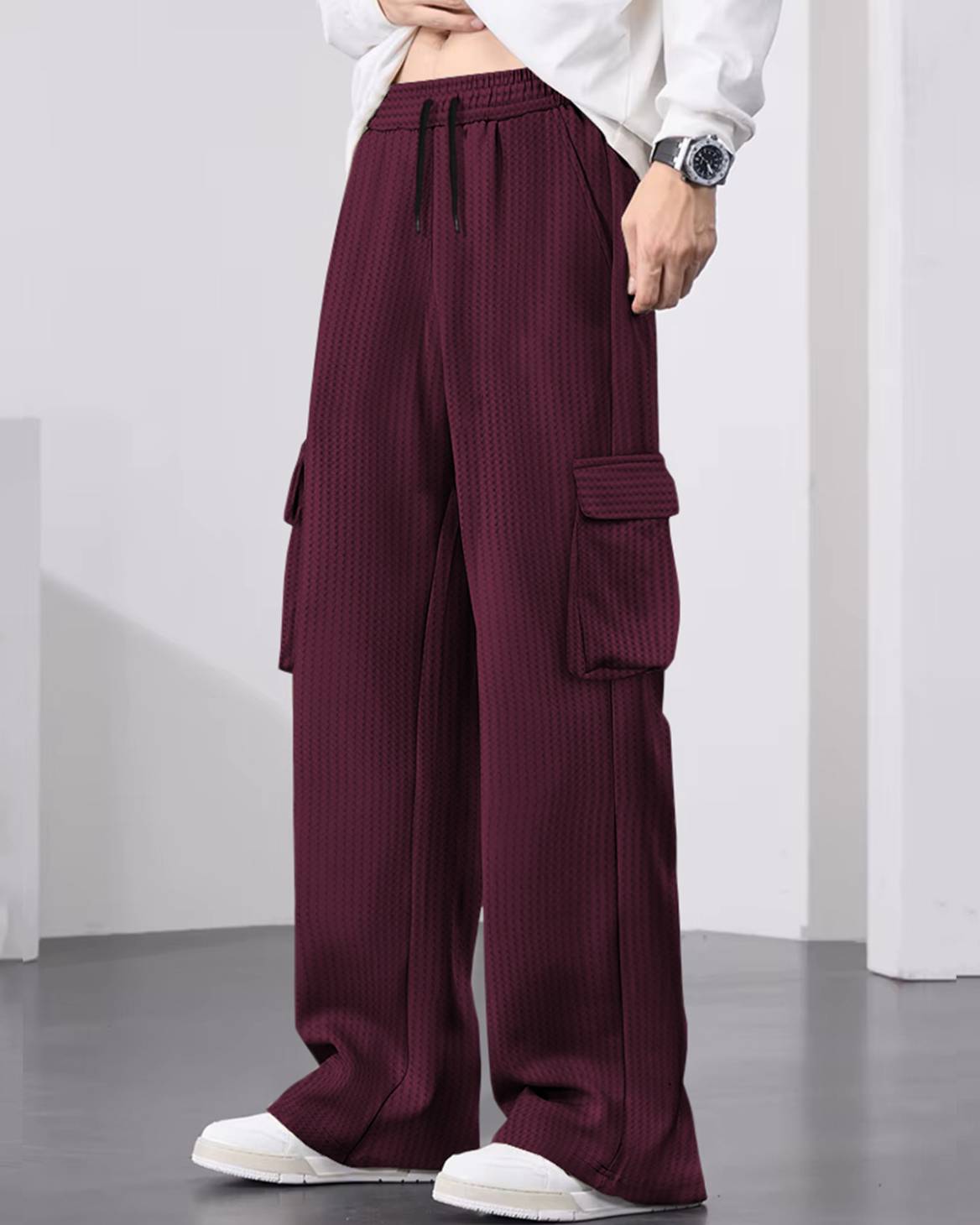 Men Plain Waffle Baggy fit oversized Cargo Jogger / Maroon