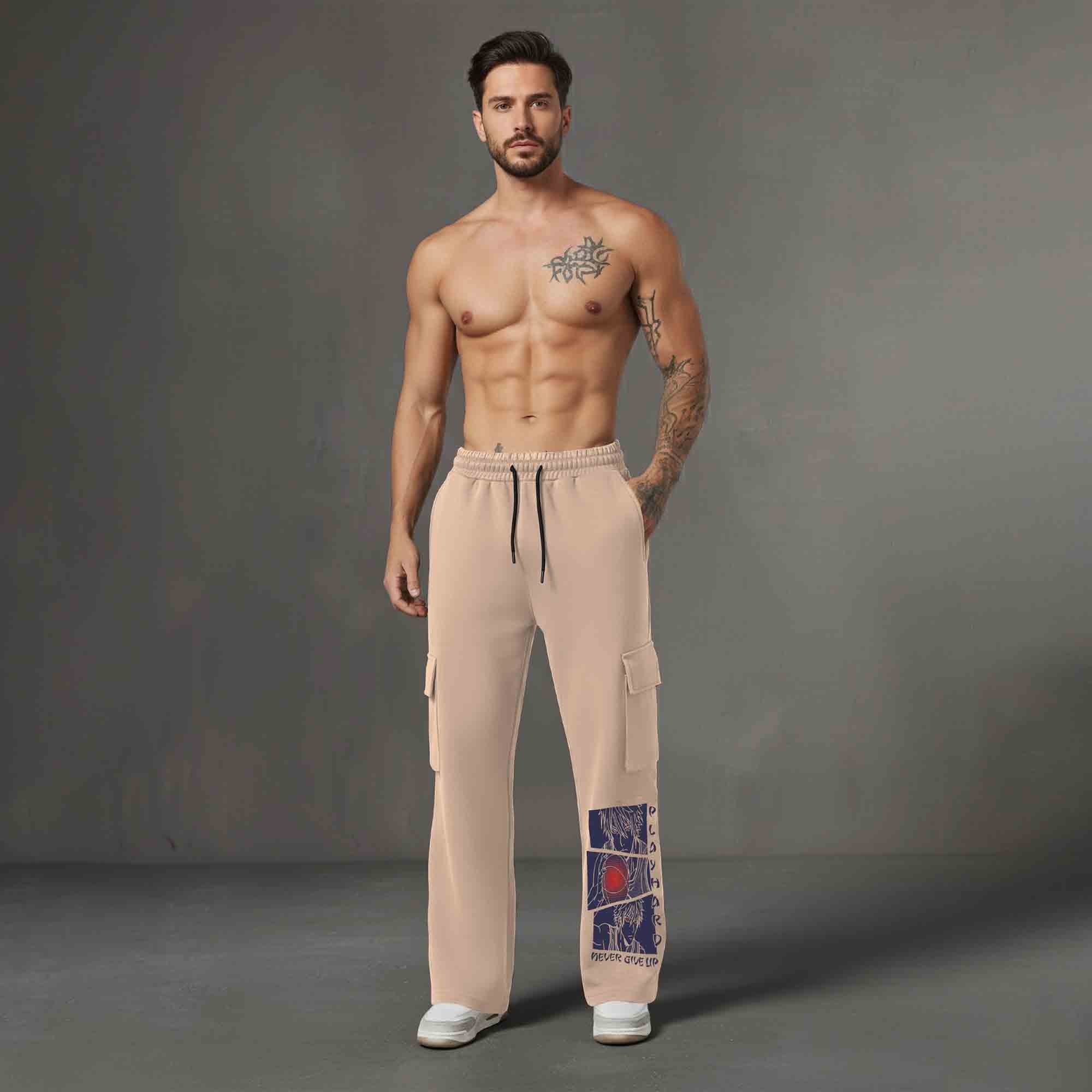 Men Multi Pockets Anime Printed Baggy Cargo Beige