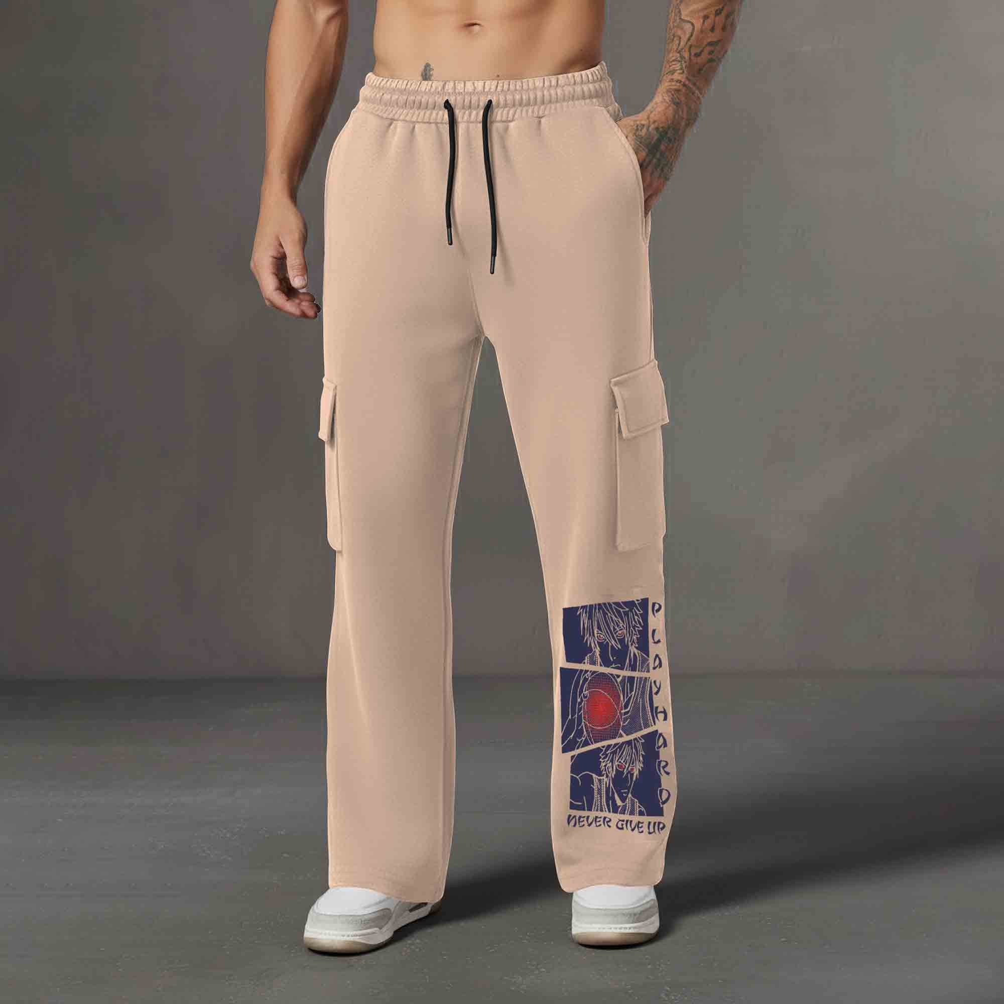 Men Multi Pockets Anime Printed Baggy Cargo Beige