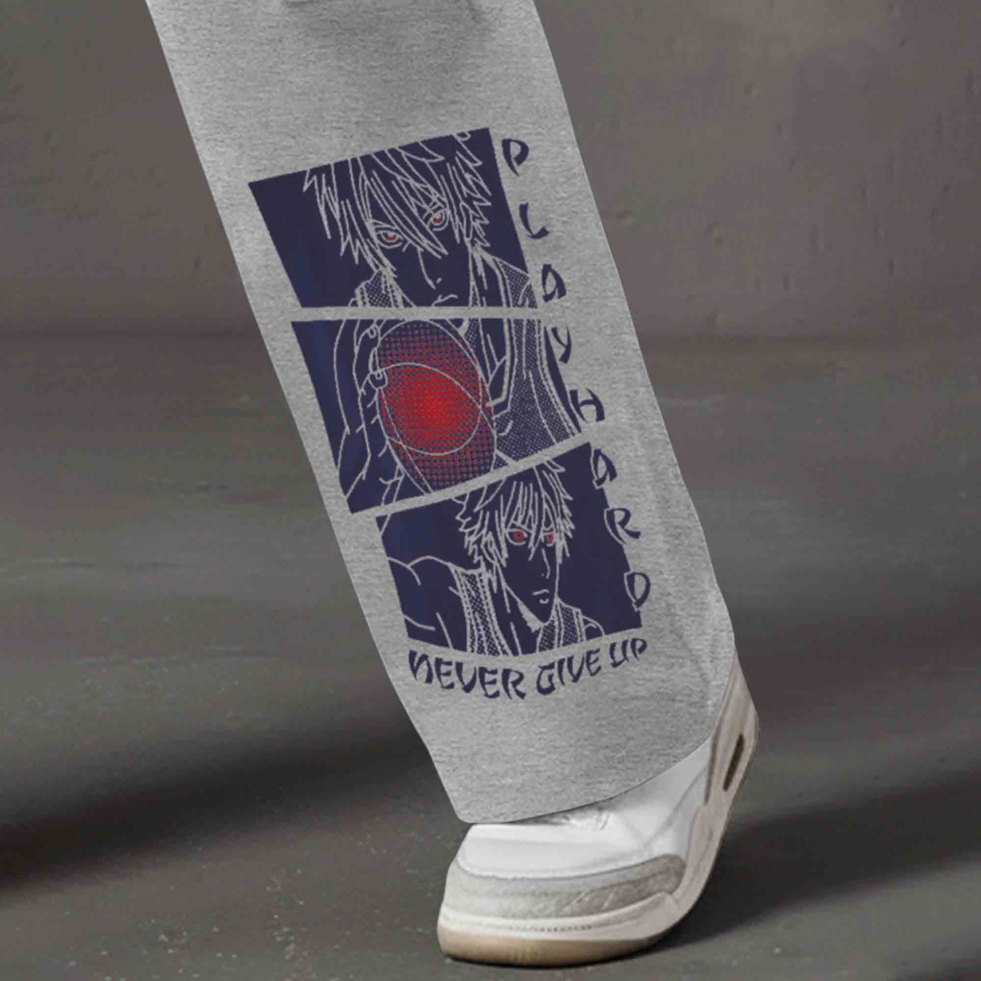 Men Multi Pockets Anime Printed Baggy Cargo Grey