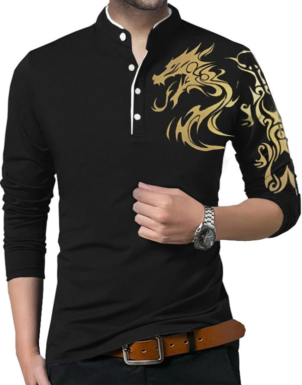 dragon printed black henley tshirt for men