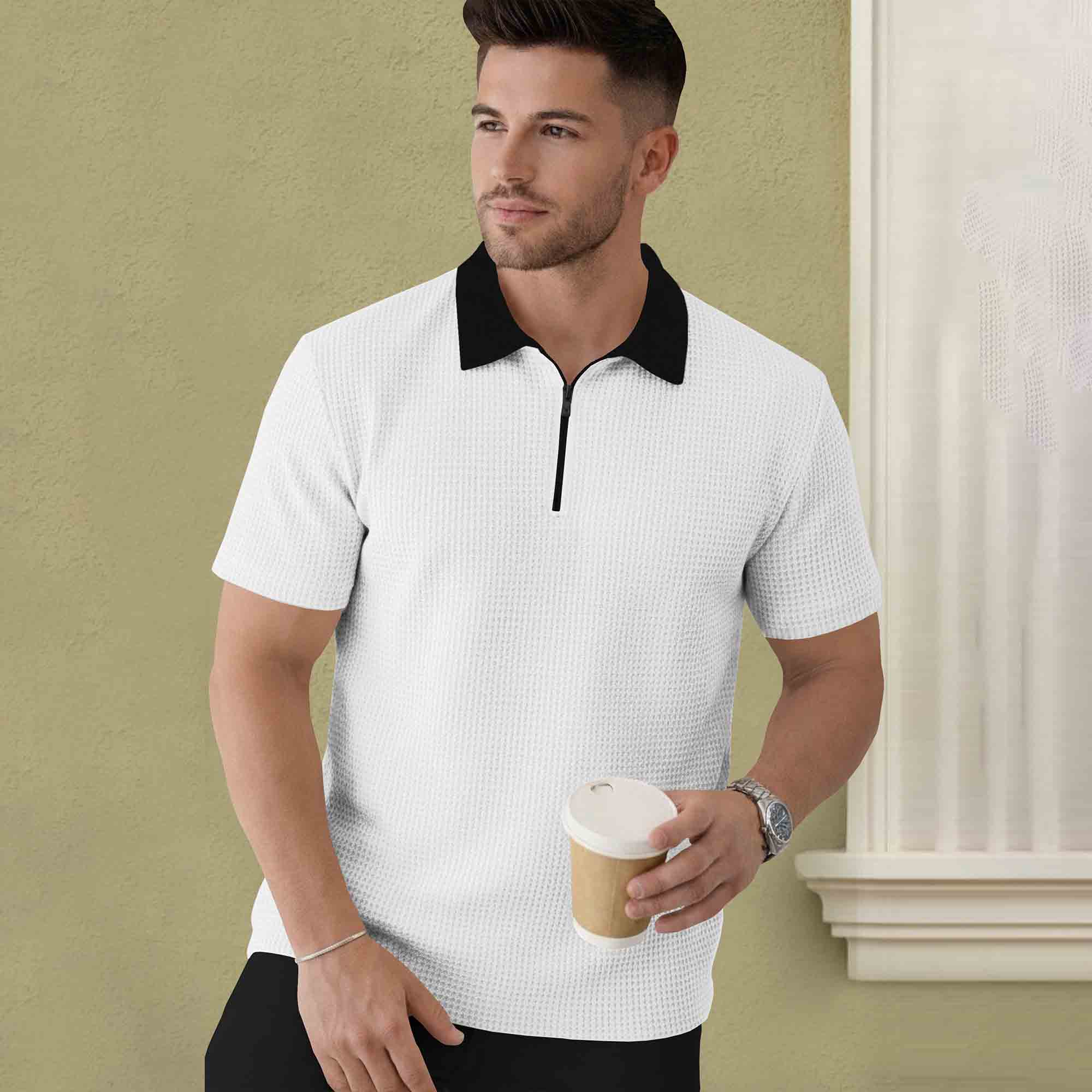 Polo Collar White Black Contrast Waffle Textured T-shirt