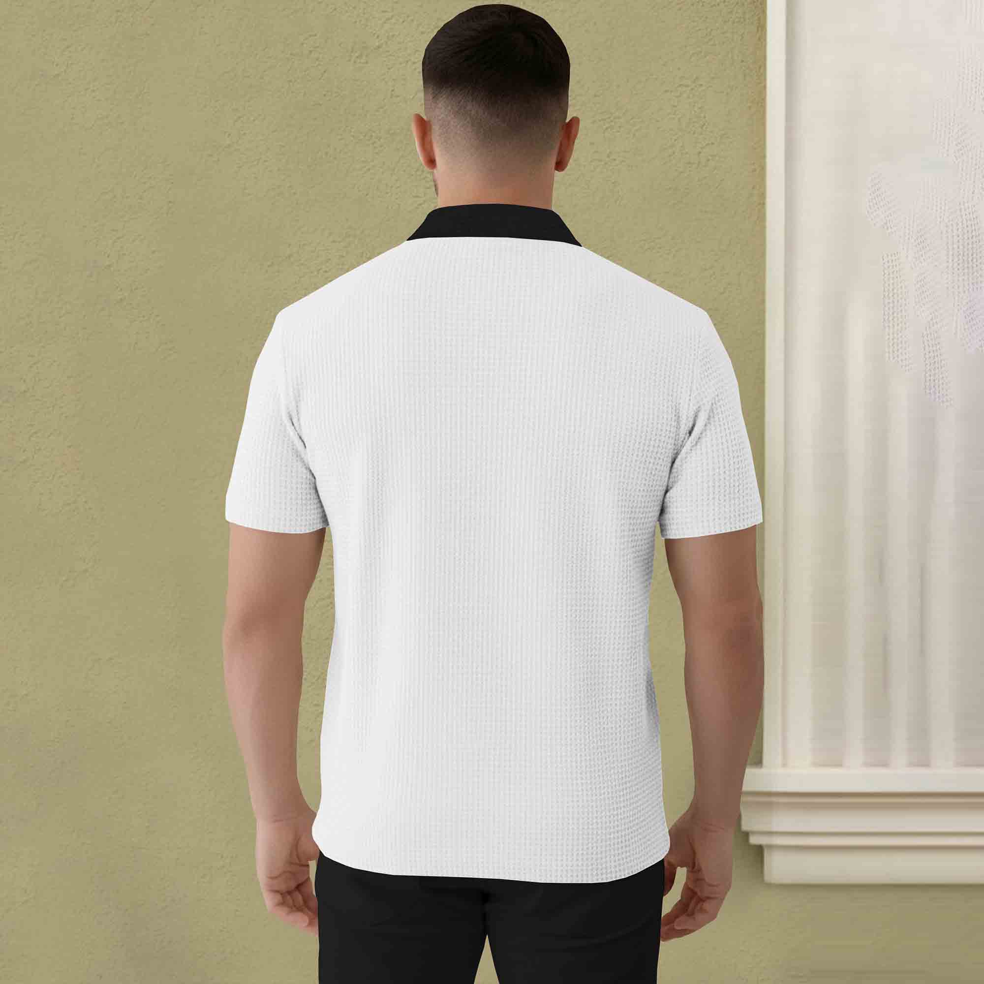Polo Collar White Black Contrast Waffle Textured T-shirt