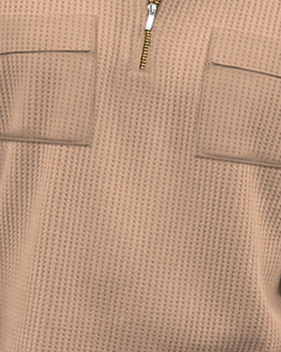 Men Full Sleeve Double Pocket Beige Waffle T-shirt