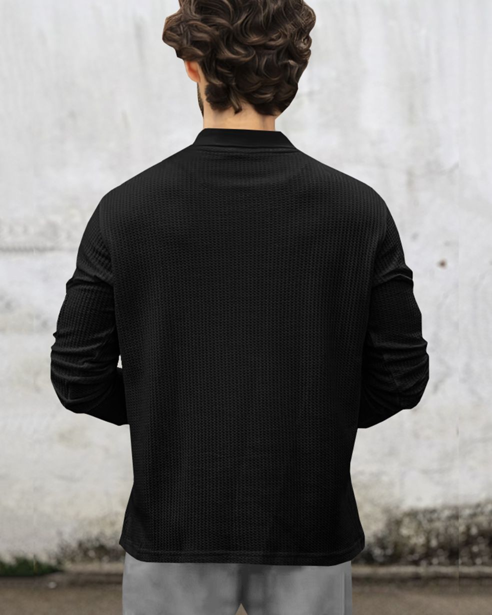 Men Full Sleeve Double Pocket Black Waffle T-shirt